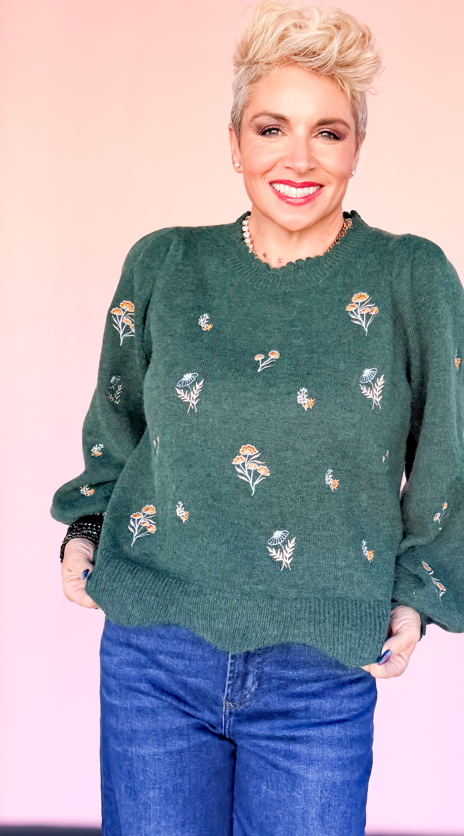 Floral Puff Sleeve Sweater/Green