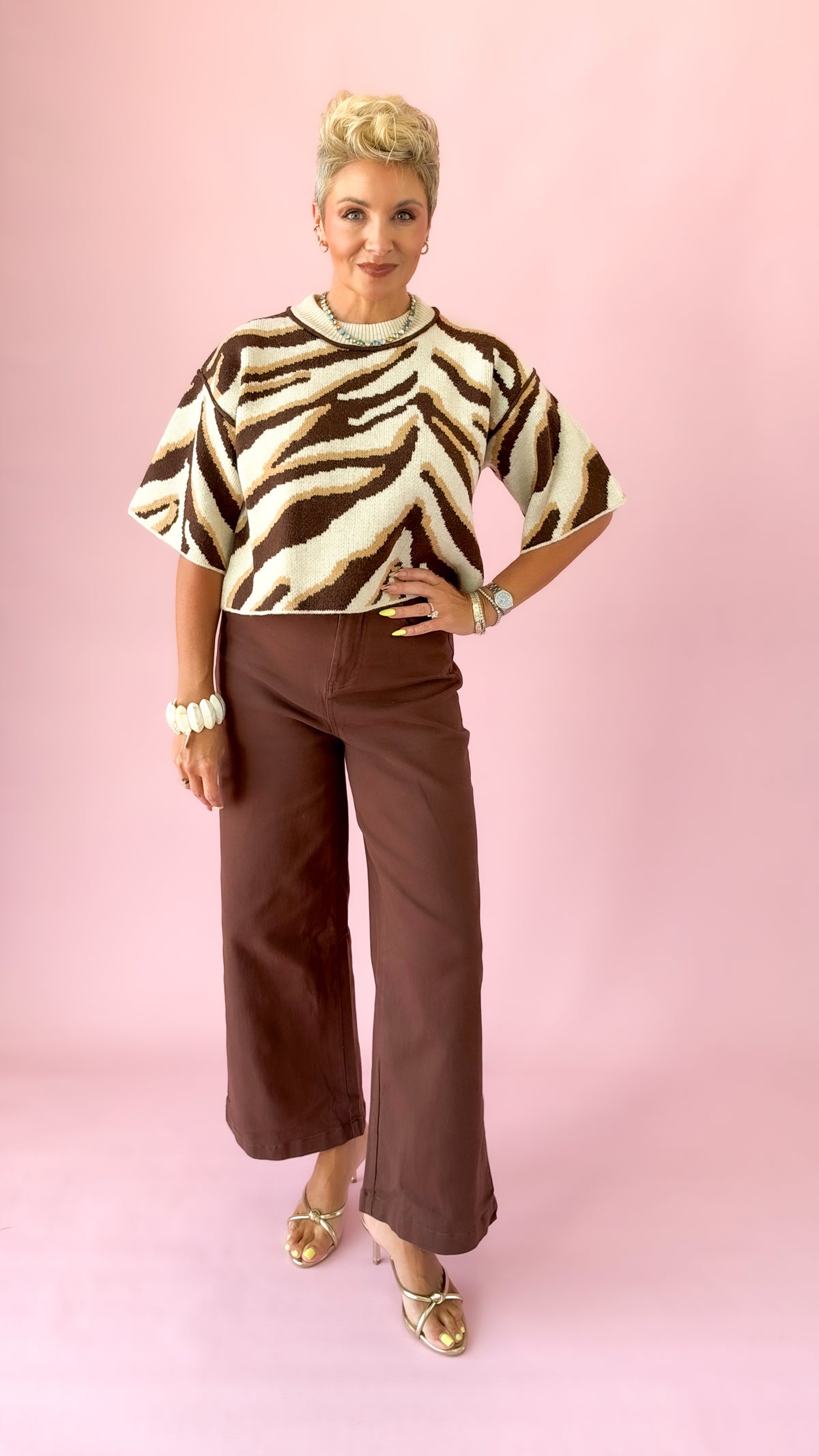 Zebra Mock Neck Sweater/Brown