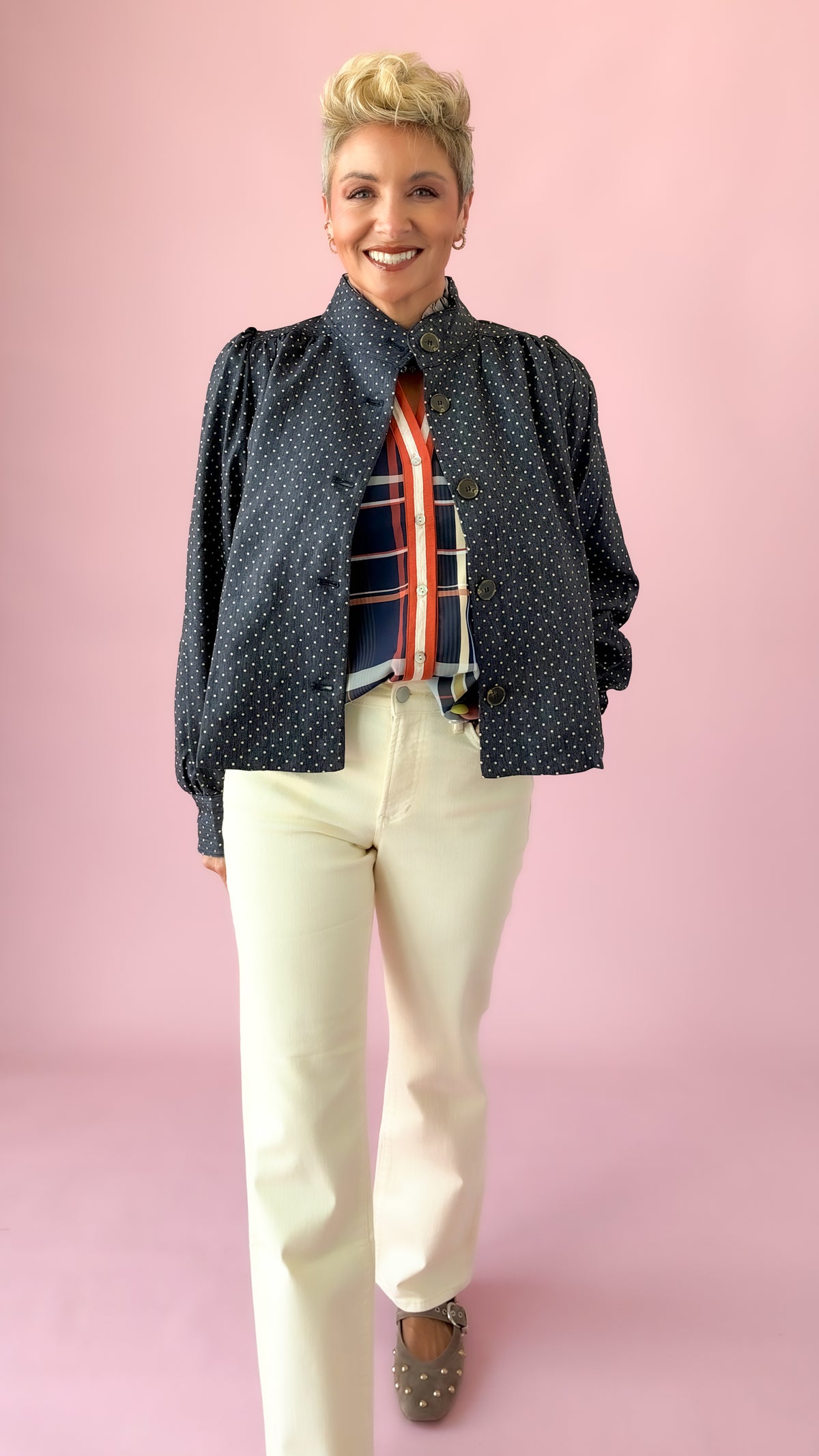 Puff Shoulder Dot Jacket/Dark Denim