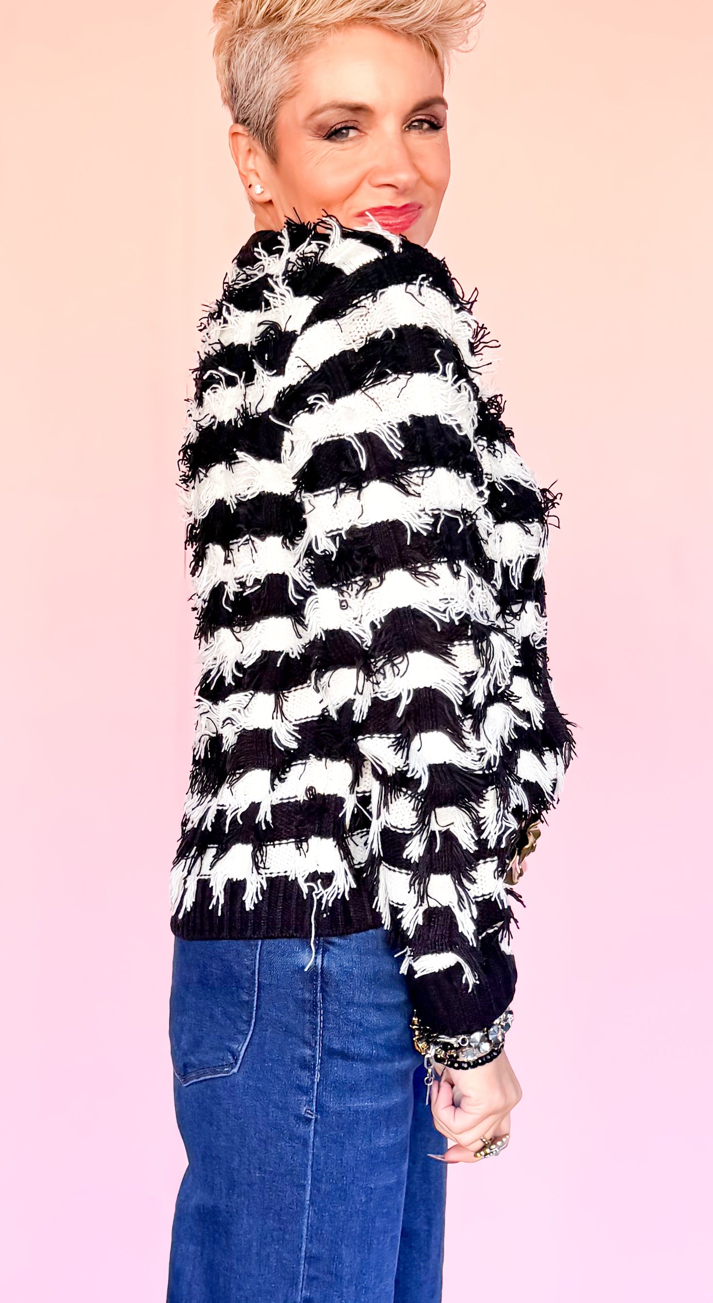 Fringe B&W Striped Cardigan