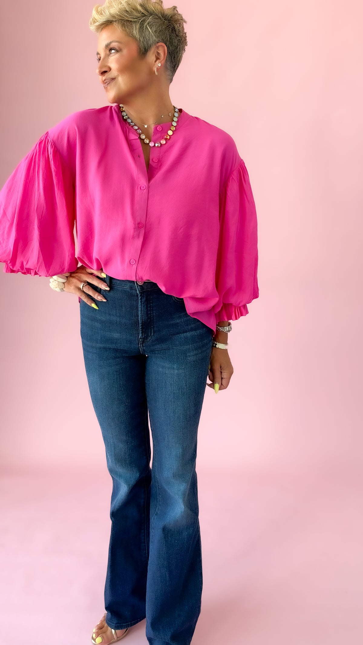 Fuchsia Puff Sleeve Button Down