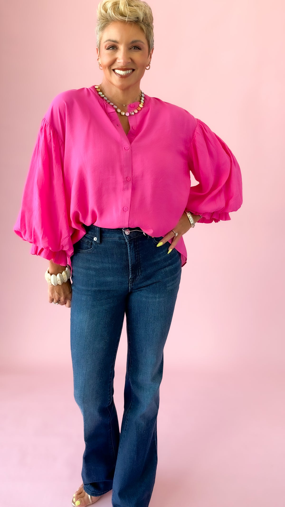 Fuchsia Puff Sleeve Button Down