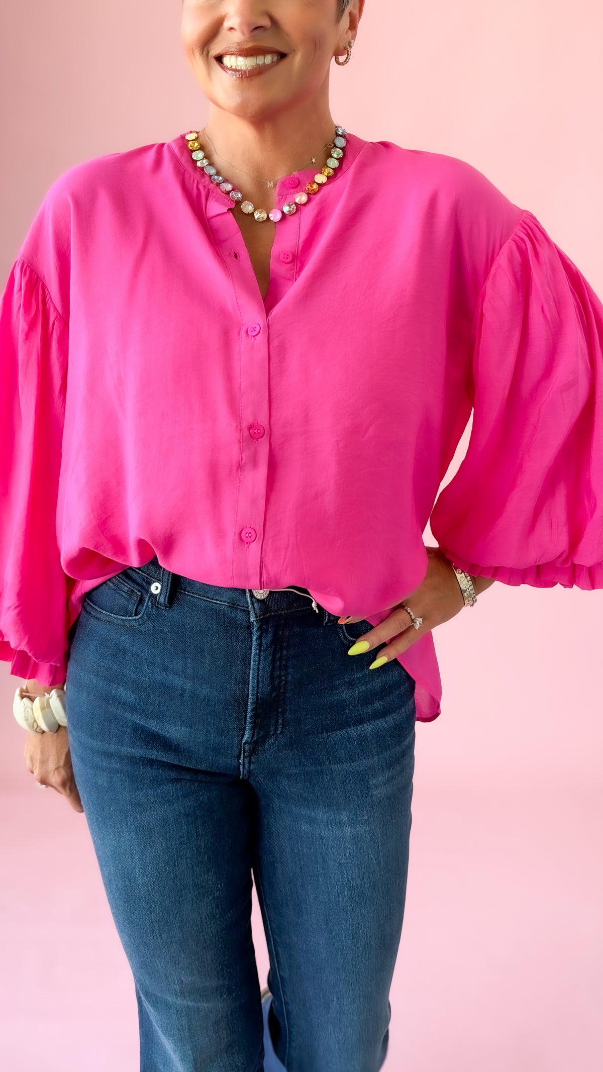 Fuchsia Puff Sleeve Button Down