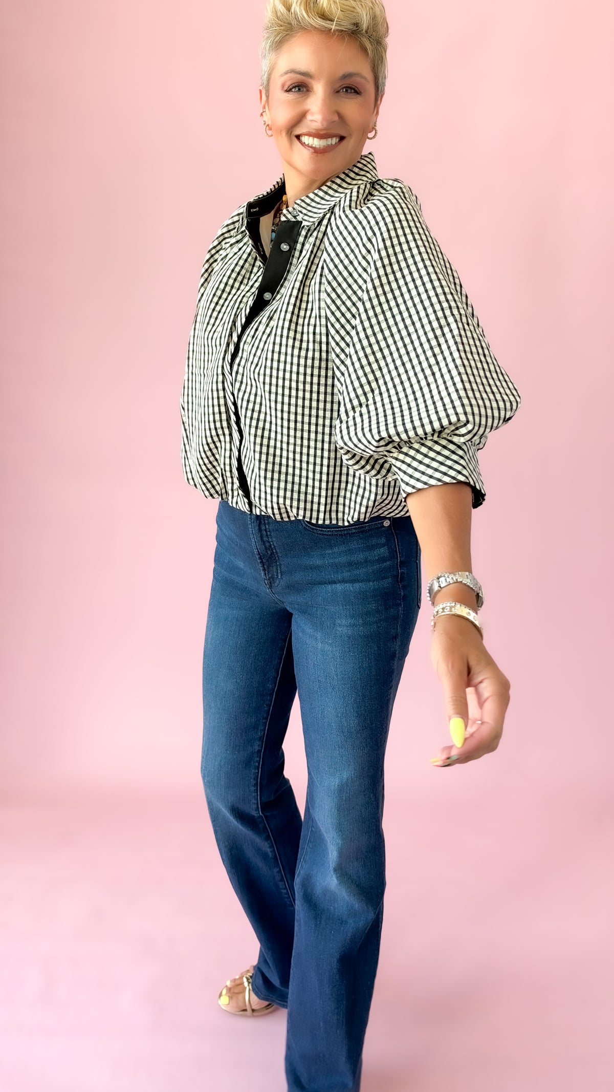 Plaid 3/4 Bubble Sleeve Top/Black