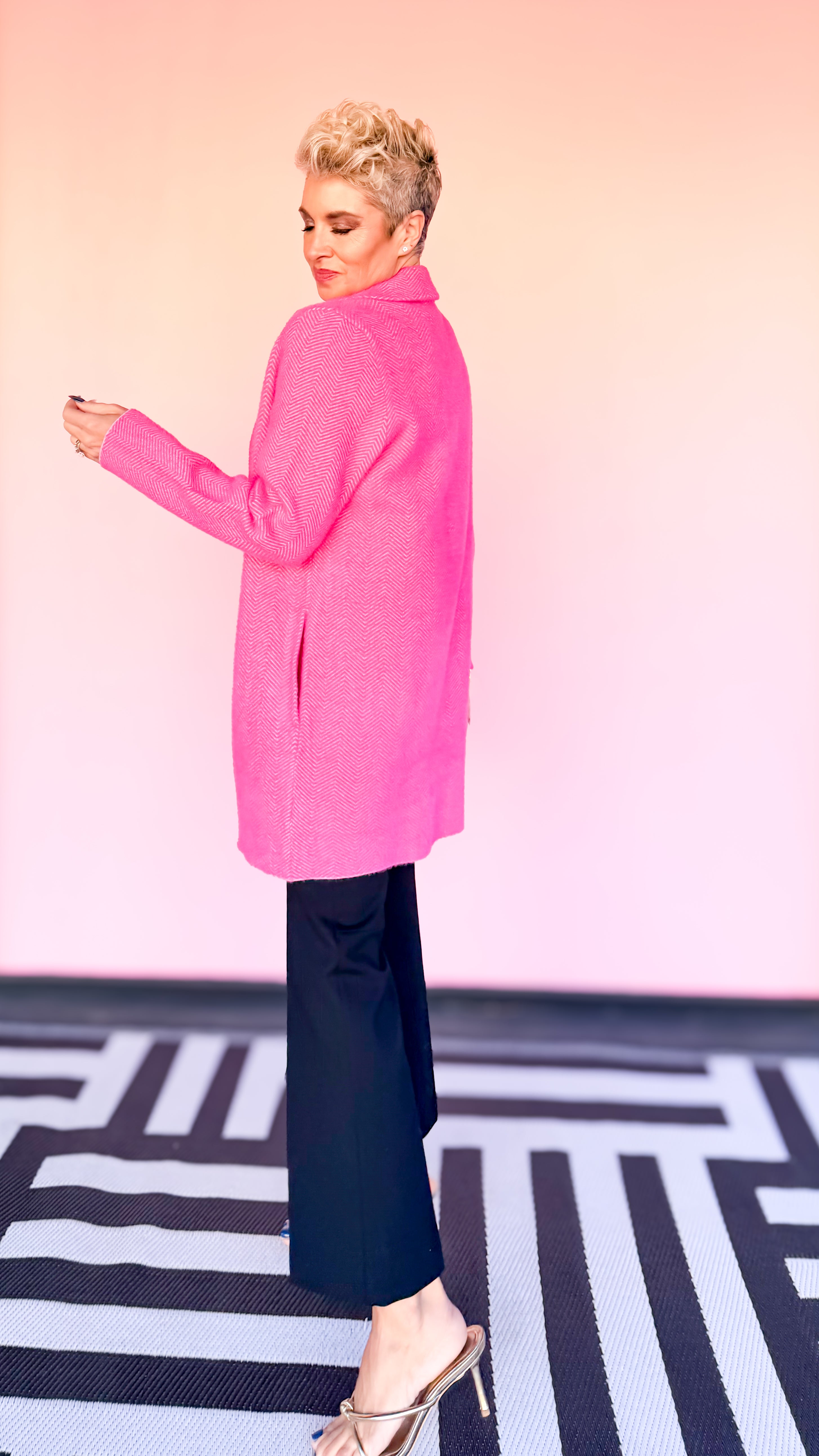Open Front Herringbone Jacket/Hot Pink