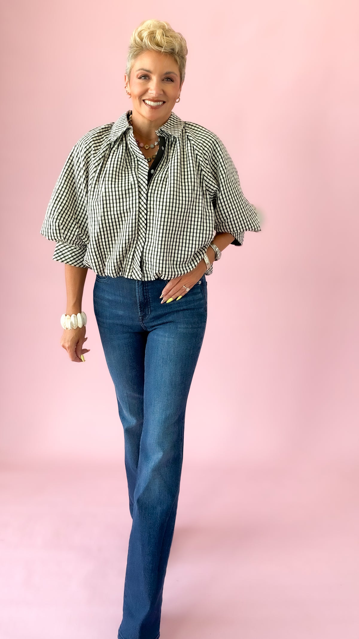 Plaid 3/4 Bubble Sleeve Top/Black