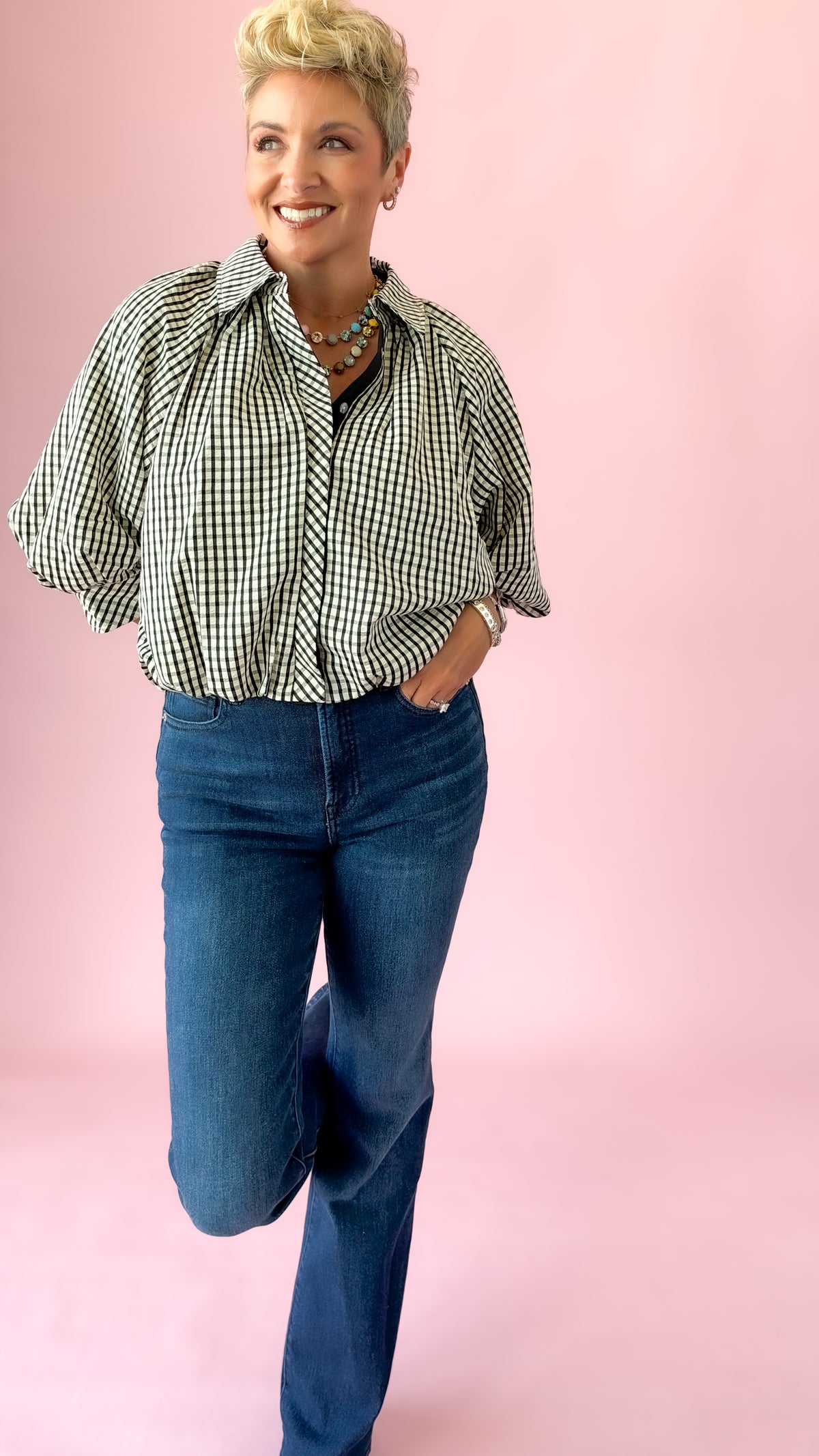 Plaid 3/4 Bubble Sleeve Top/Black