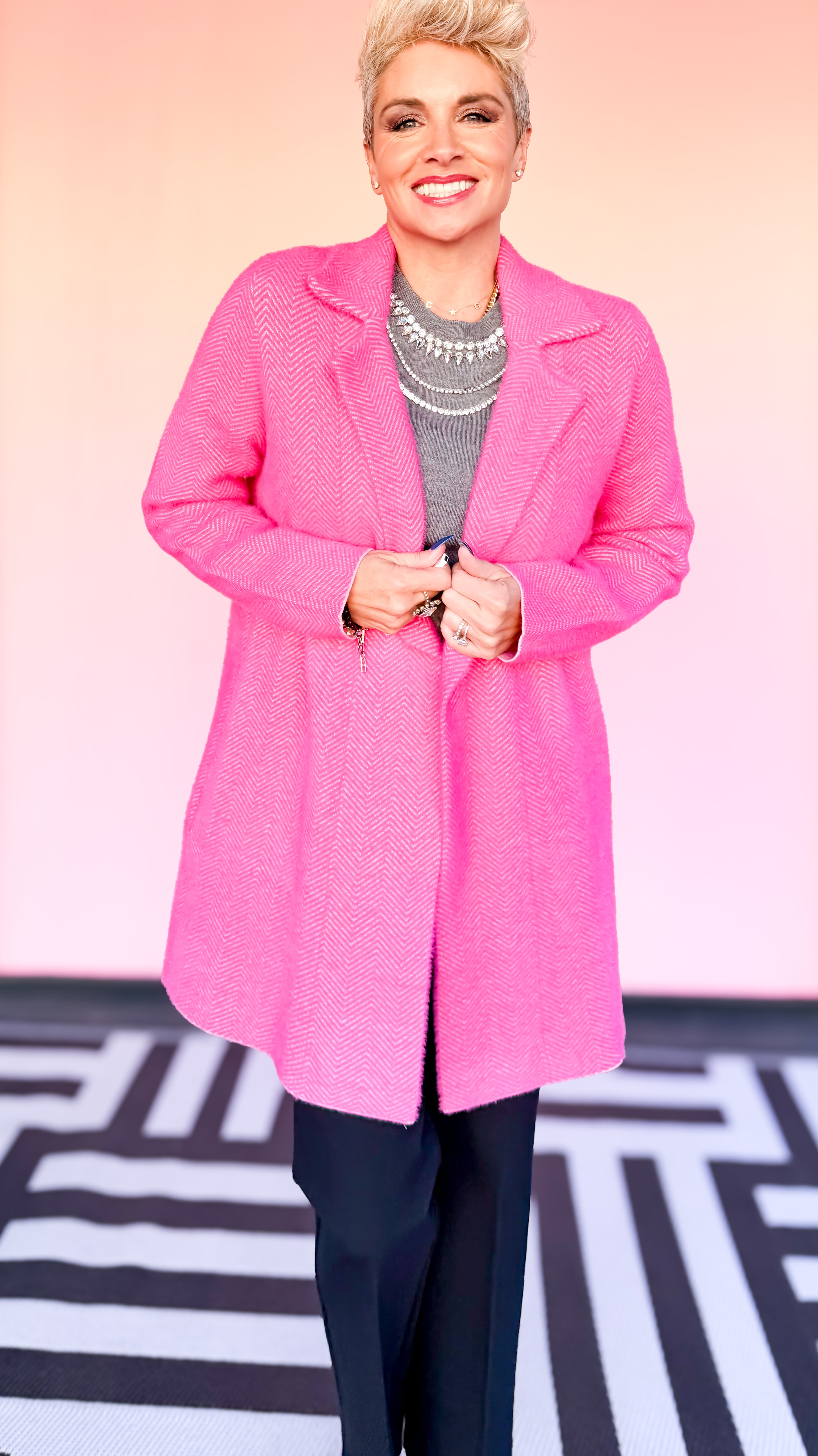 Open Front Herringbone Jacket/Hot Pink