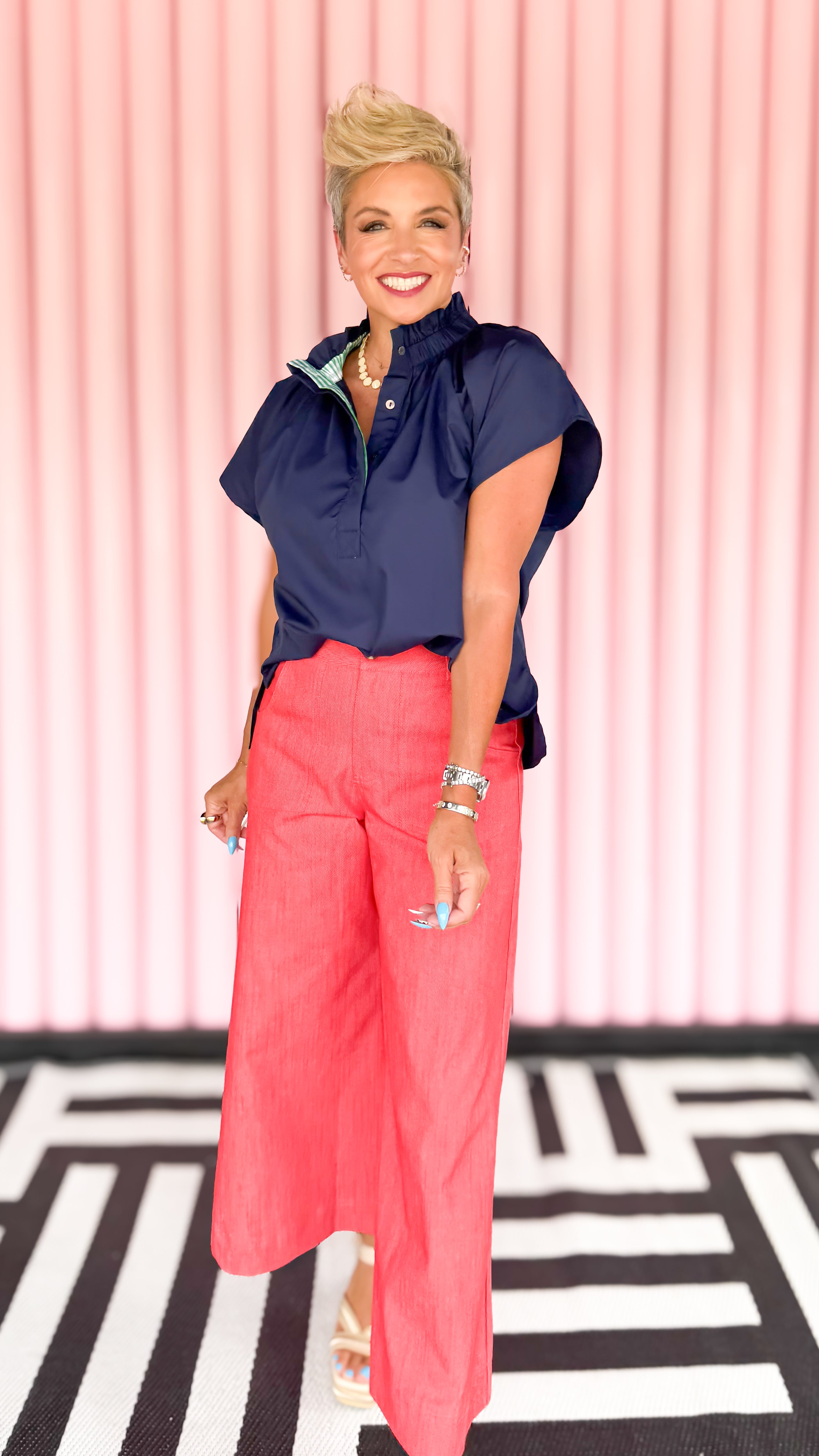 Ruffle Collar Cap Sleeve Top/Navy