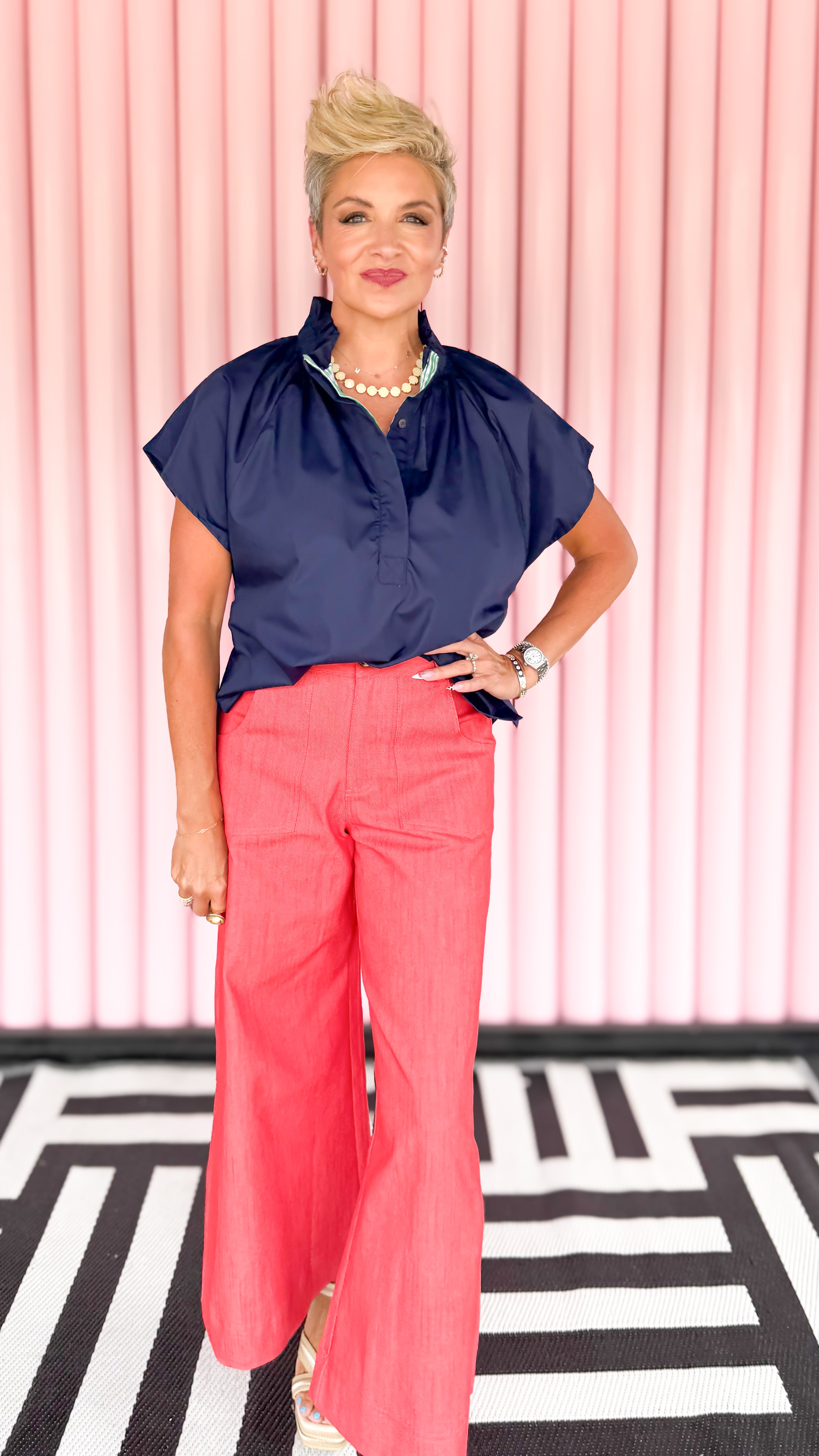 Ruffle Collar Cap Sleeve Top/Navy
