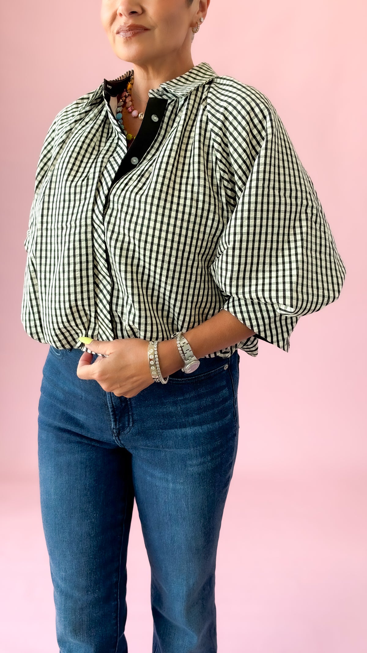 Plaid 3/4 Bubble Sleeve Top/Black