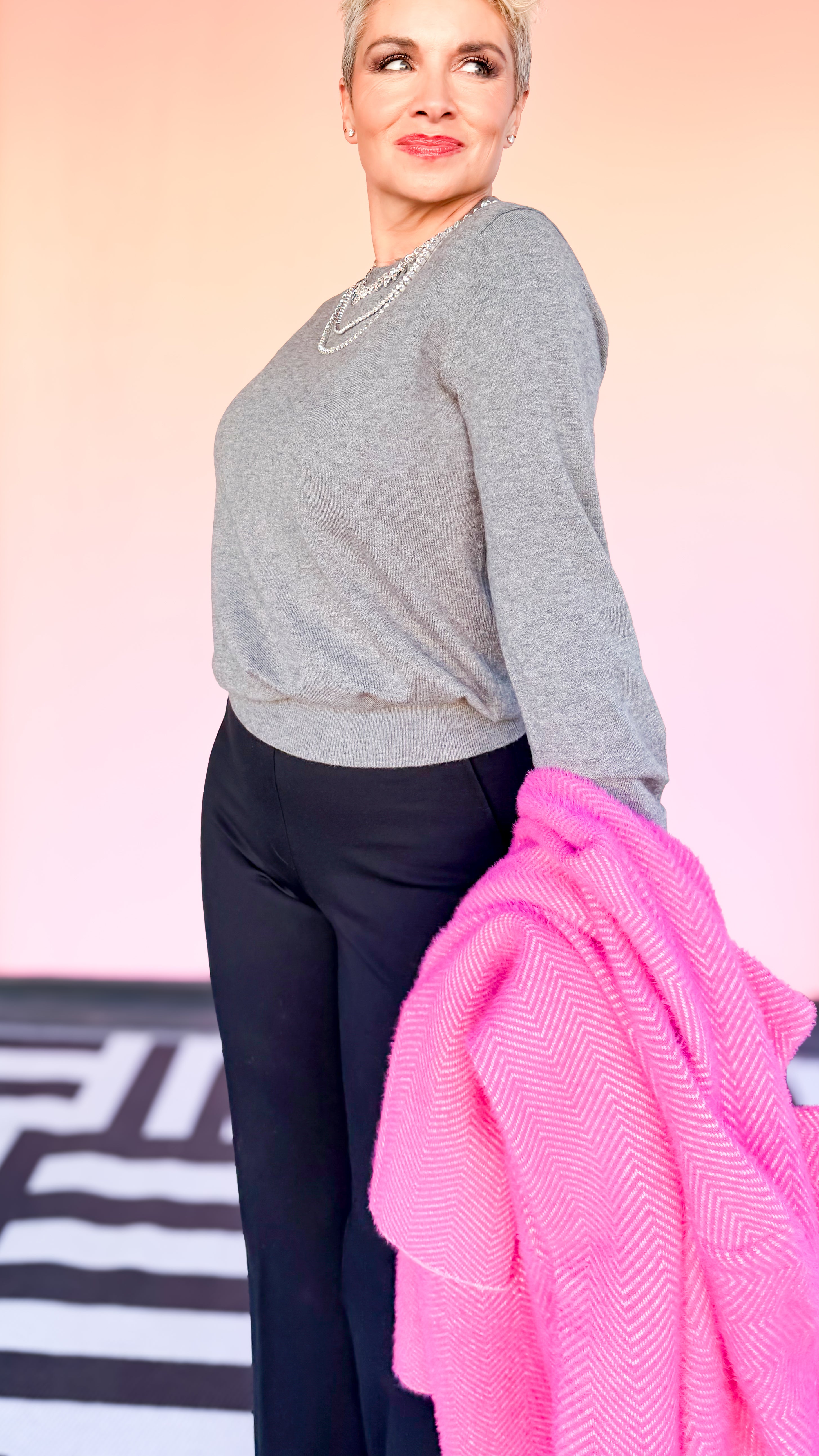 Jeweled Neckline Sweater/Grey