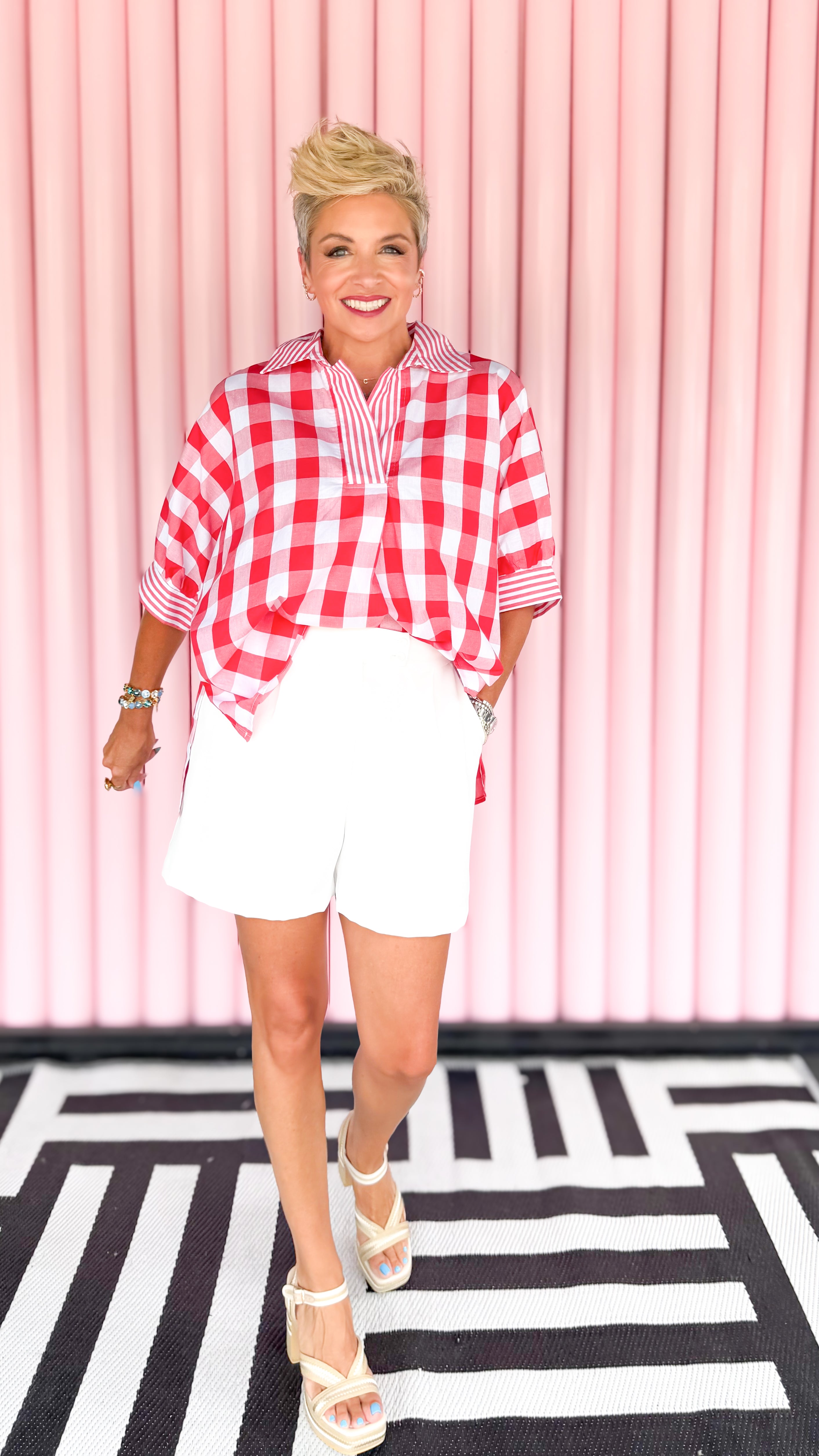 Gingham Short Sleeve Shirt/RED