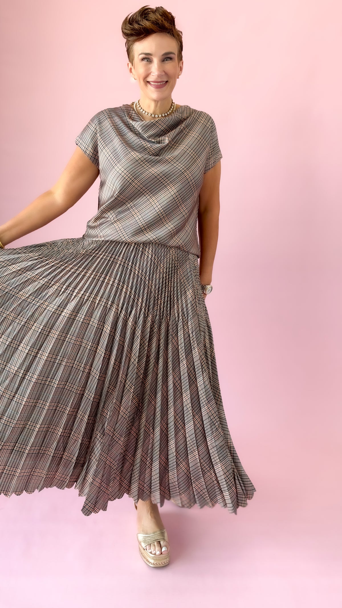 Glen Plaid Pleated Midi Skirt