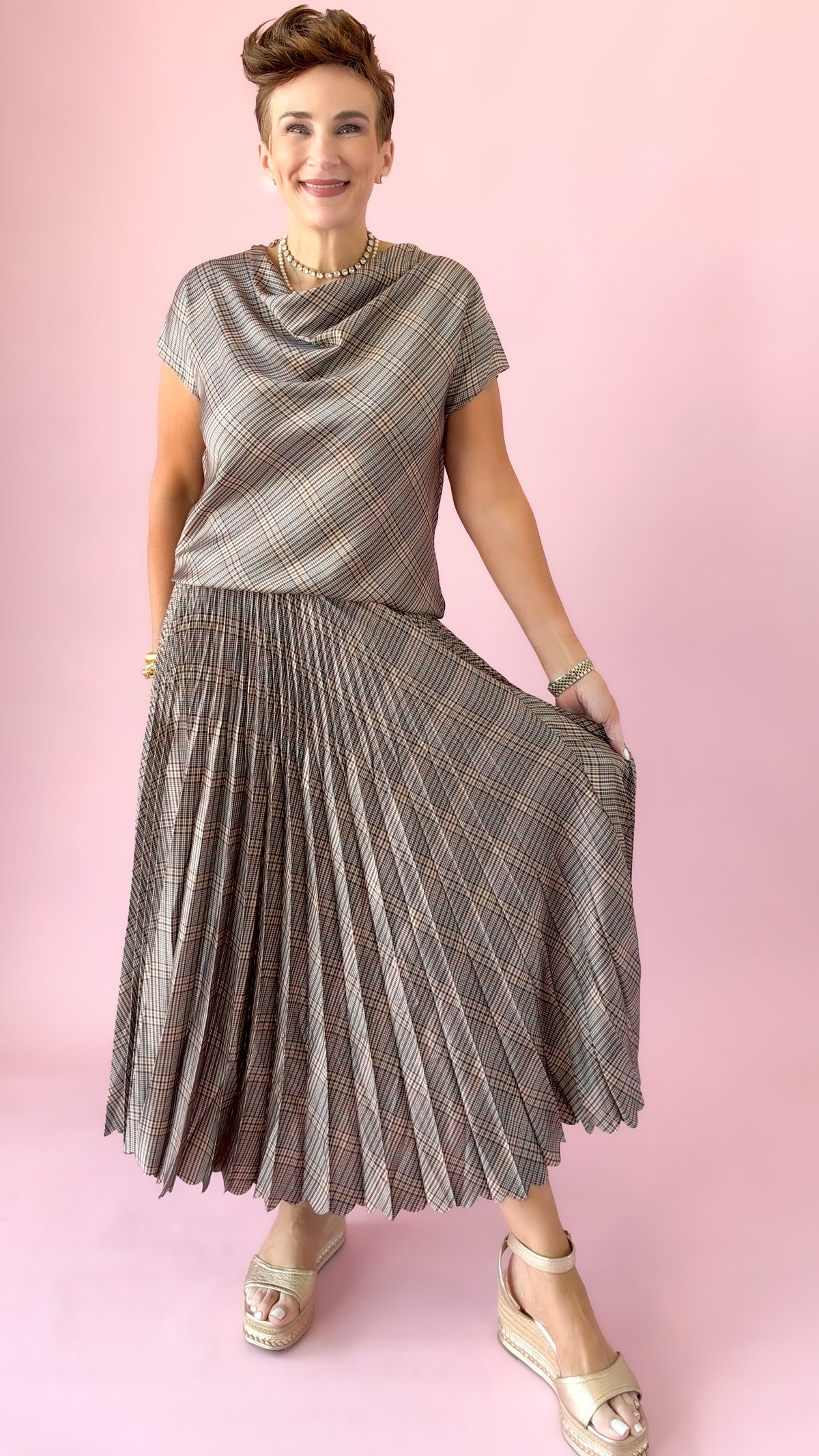 Glen Plaid Pleated Midi Skirt