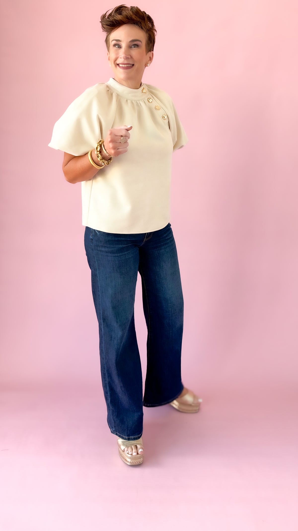 Puff Sleeve Gold Detail Top/Cream
