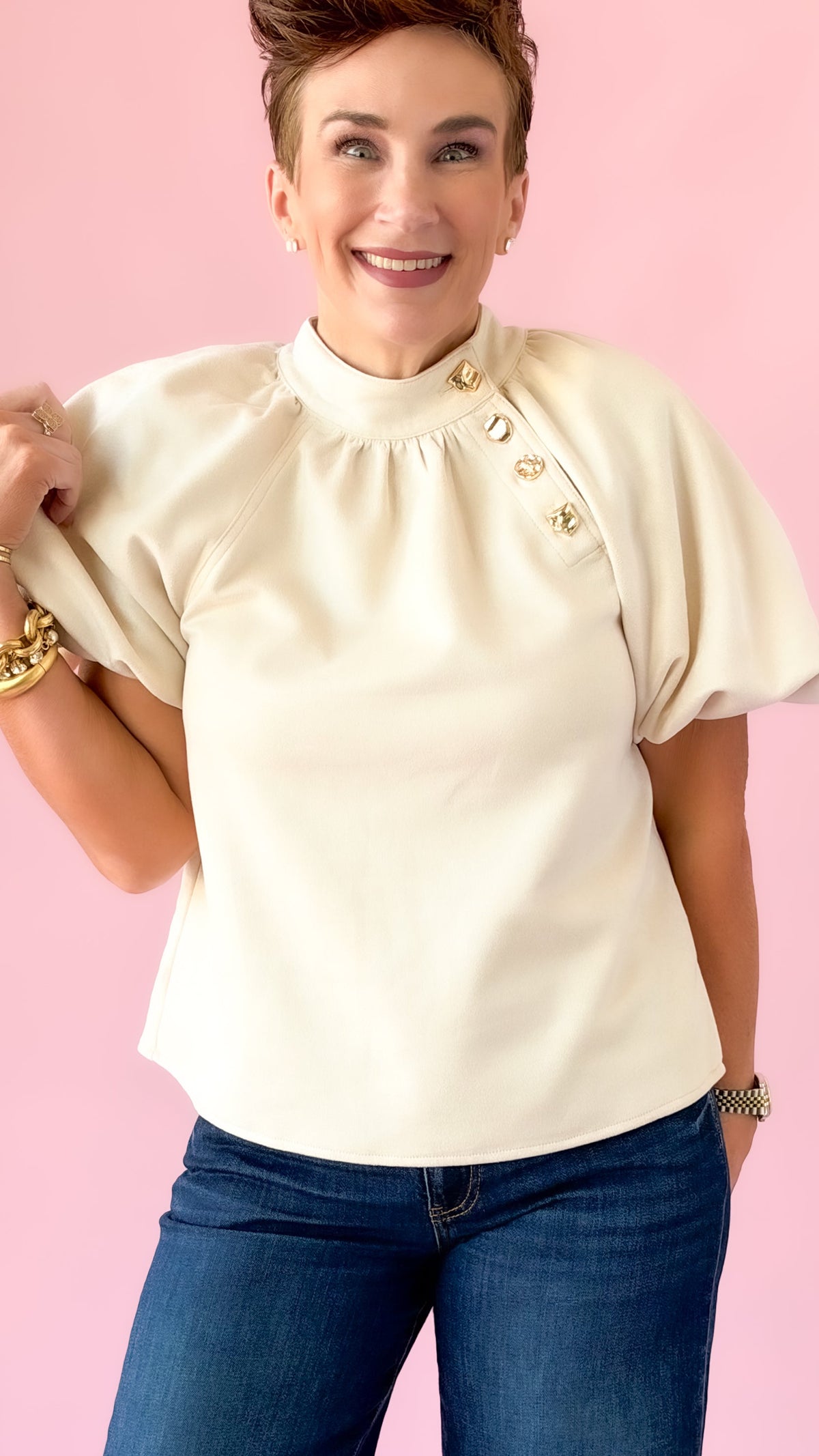 Puff Sleeve Gold Detail Top/Cream