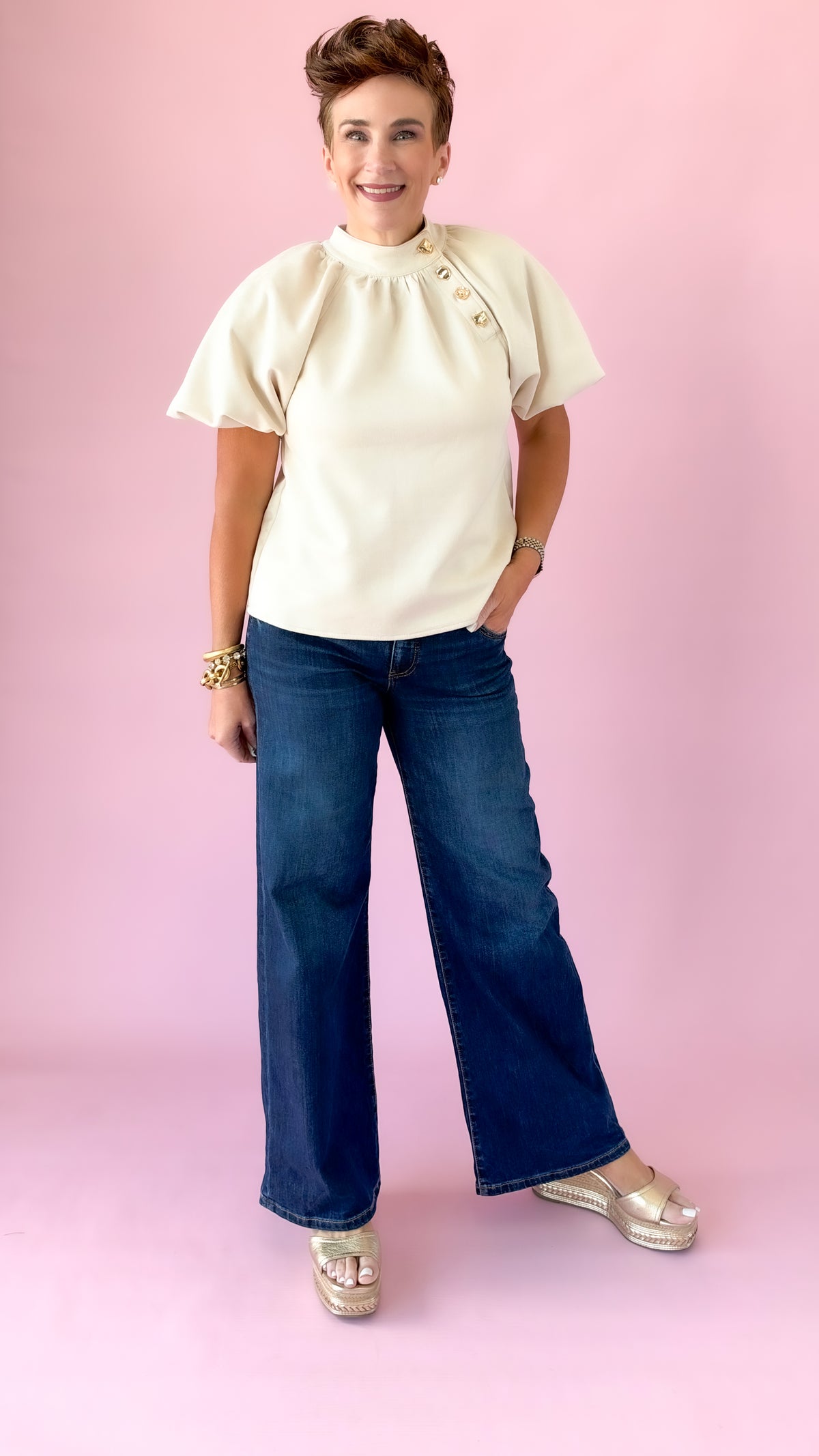 Puff Sleeve Gold Detail Top/Cream