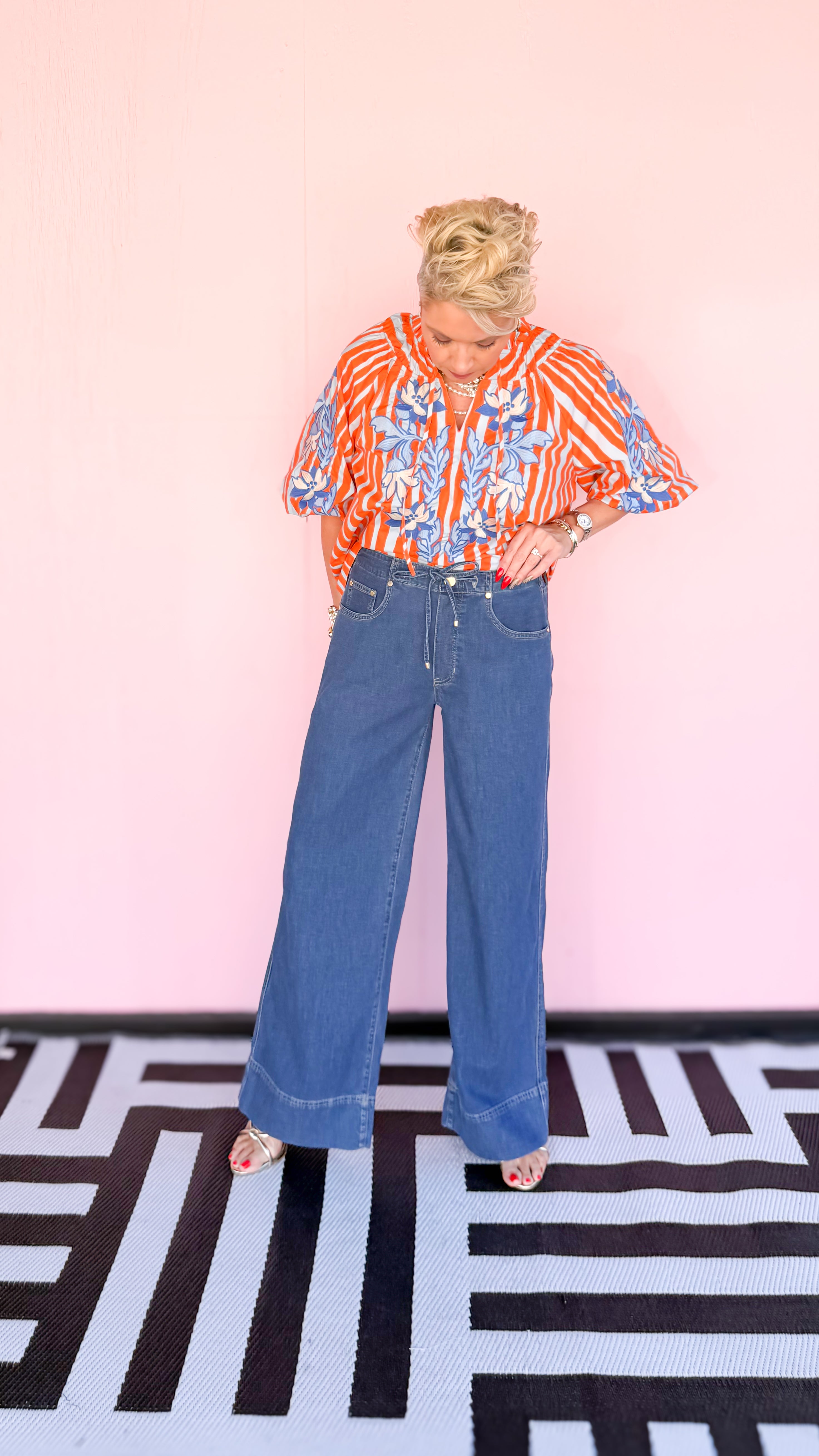Tie waist wide leg jean 30 inch worn on model - side view - BLVD Boutik