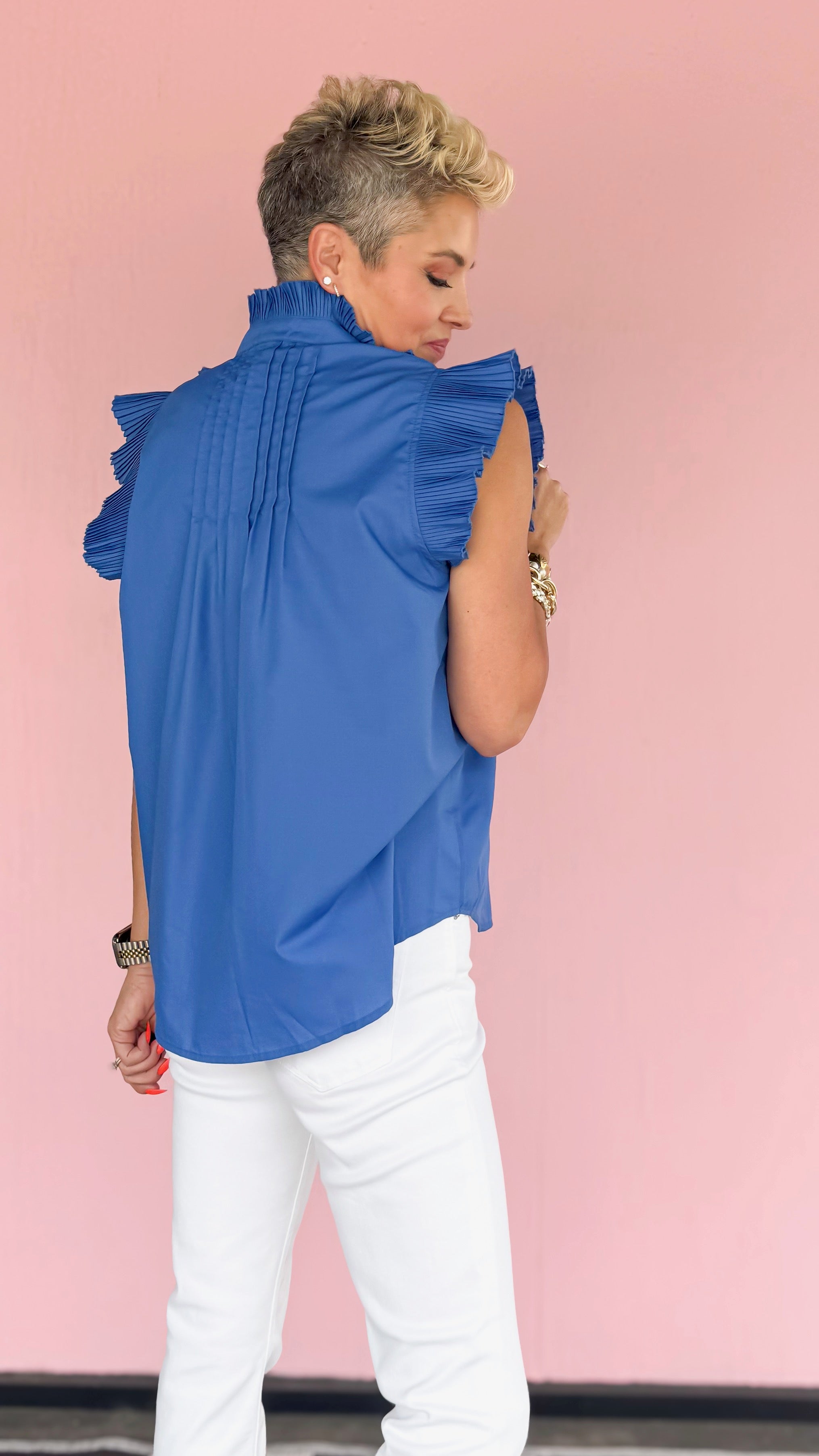 Alison Pleated Shoulder Top/Blue