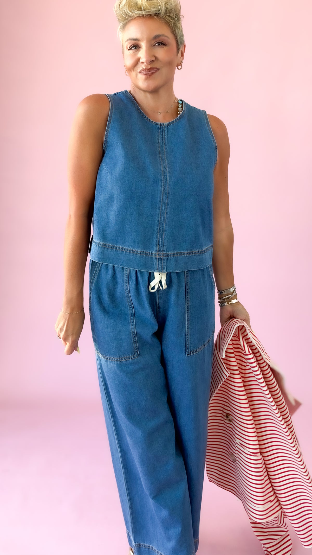 Denim Terry Tank & Bottom Set/Medium Blue