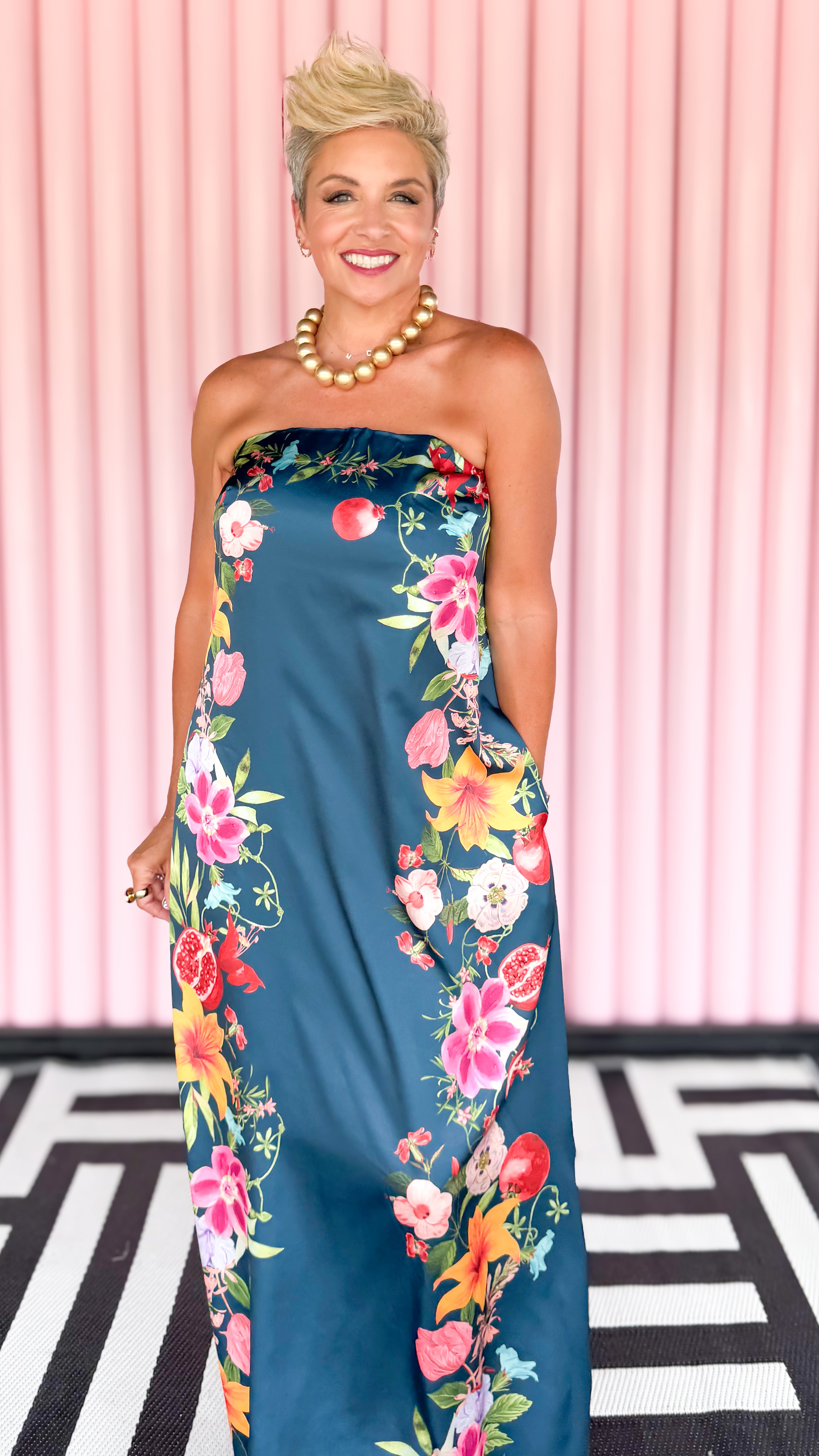 Floral Strapless Maxi Dress/Navy