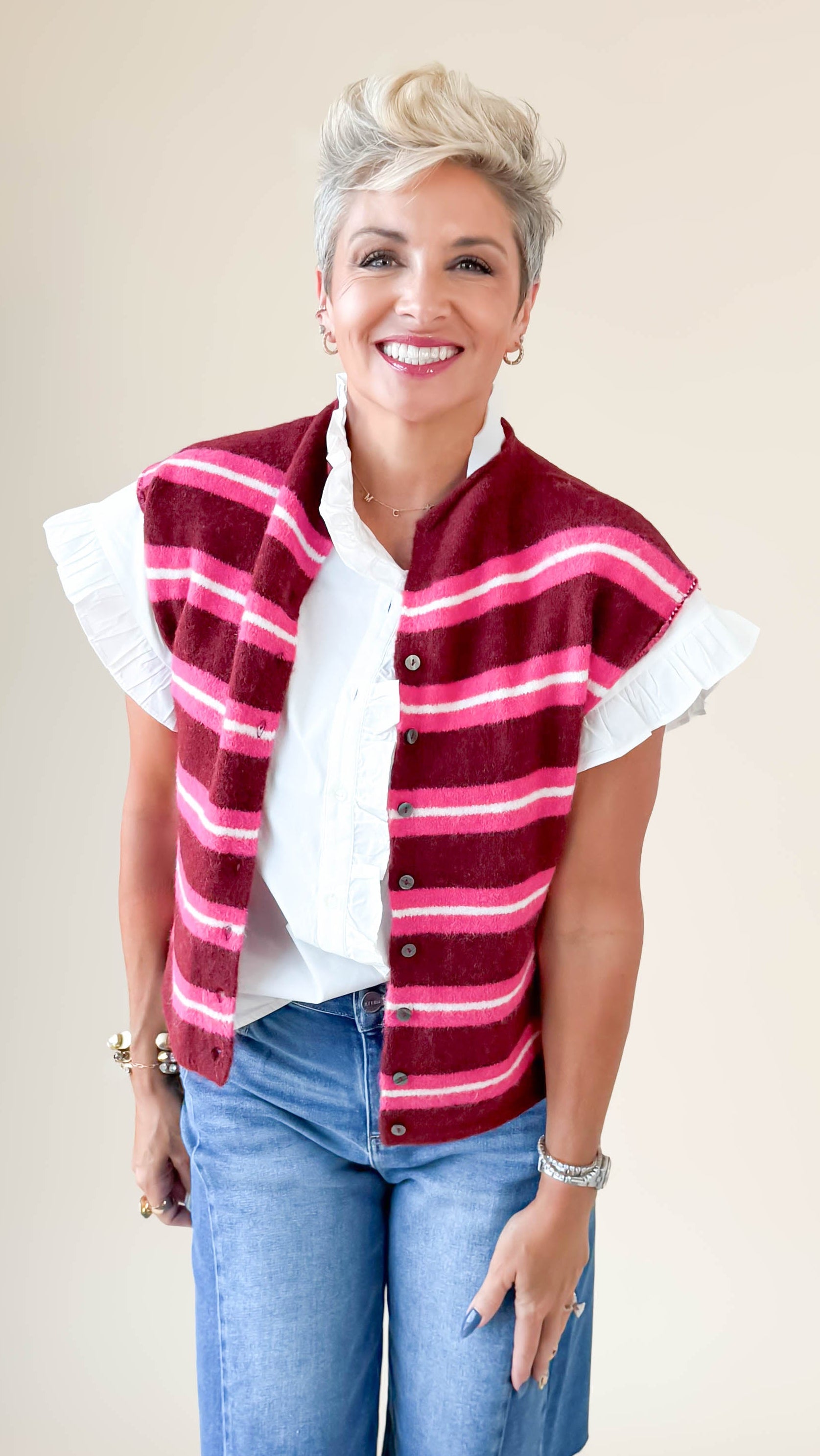 Sarah Striped Sleeveless Cardigan/Merlot