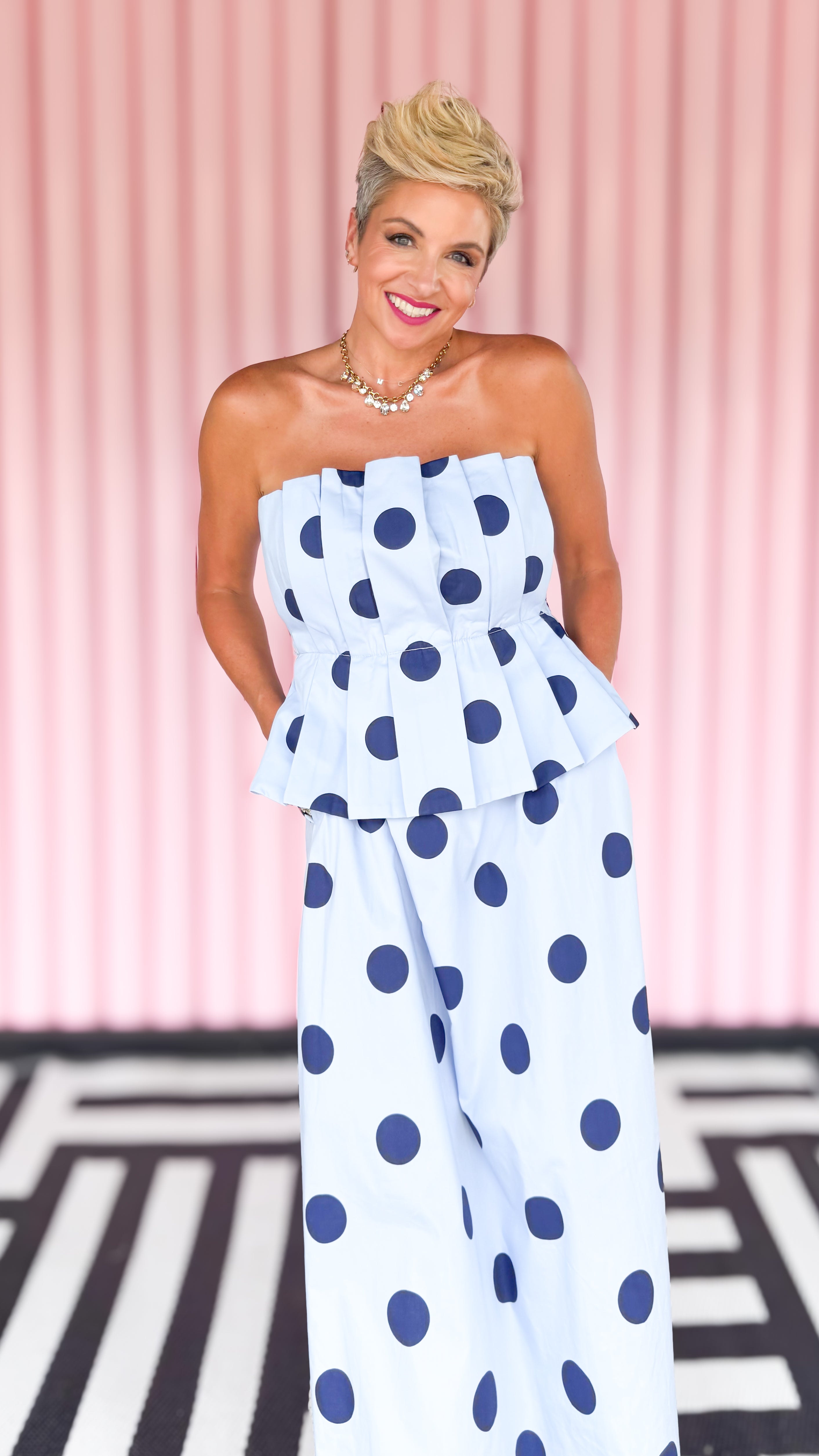 Paula Polka Dot Strapless Dress/Blue