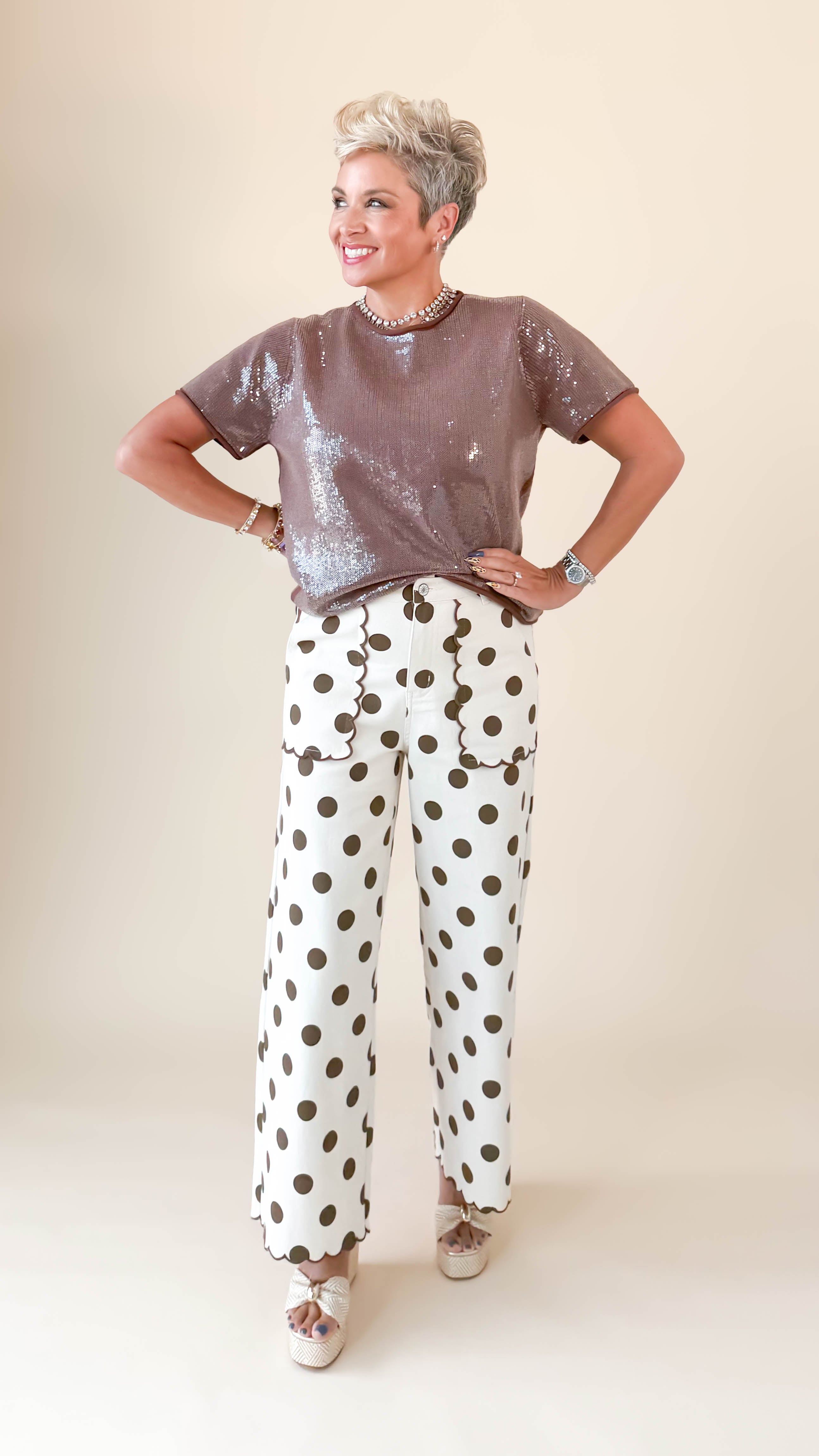 Sequined Crewneck Top/Brown