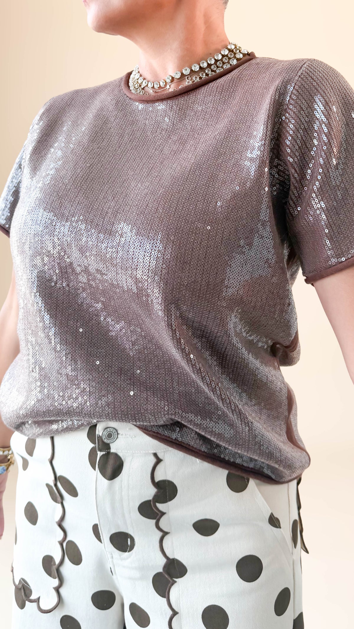 Sequined Crewneck Top/Brown