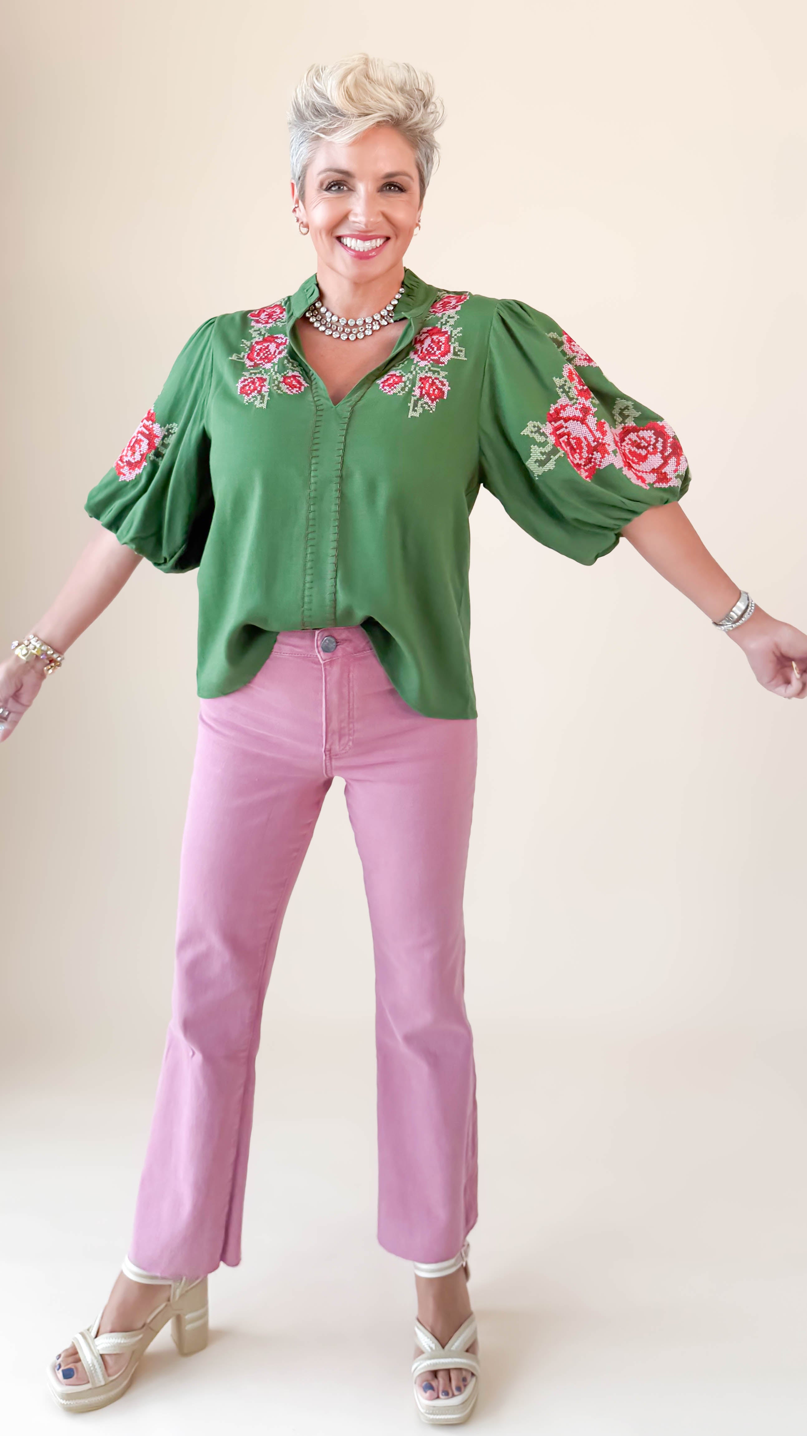 Rose Embroidered Blouse/Green