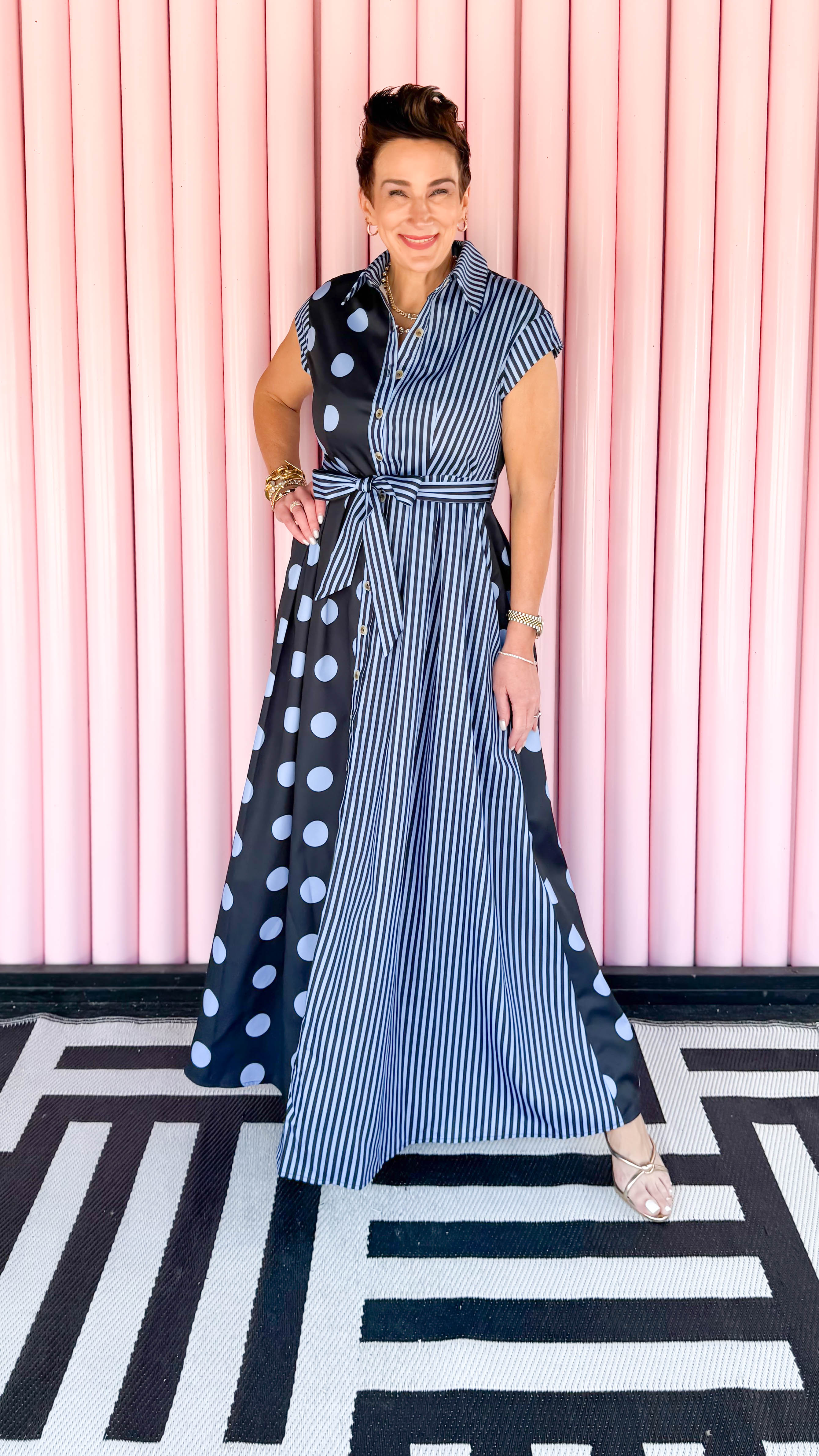 Dot Stripe Shirt Dress/Navy