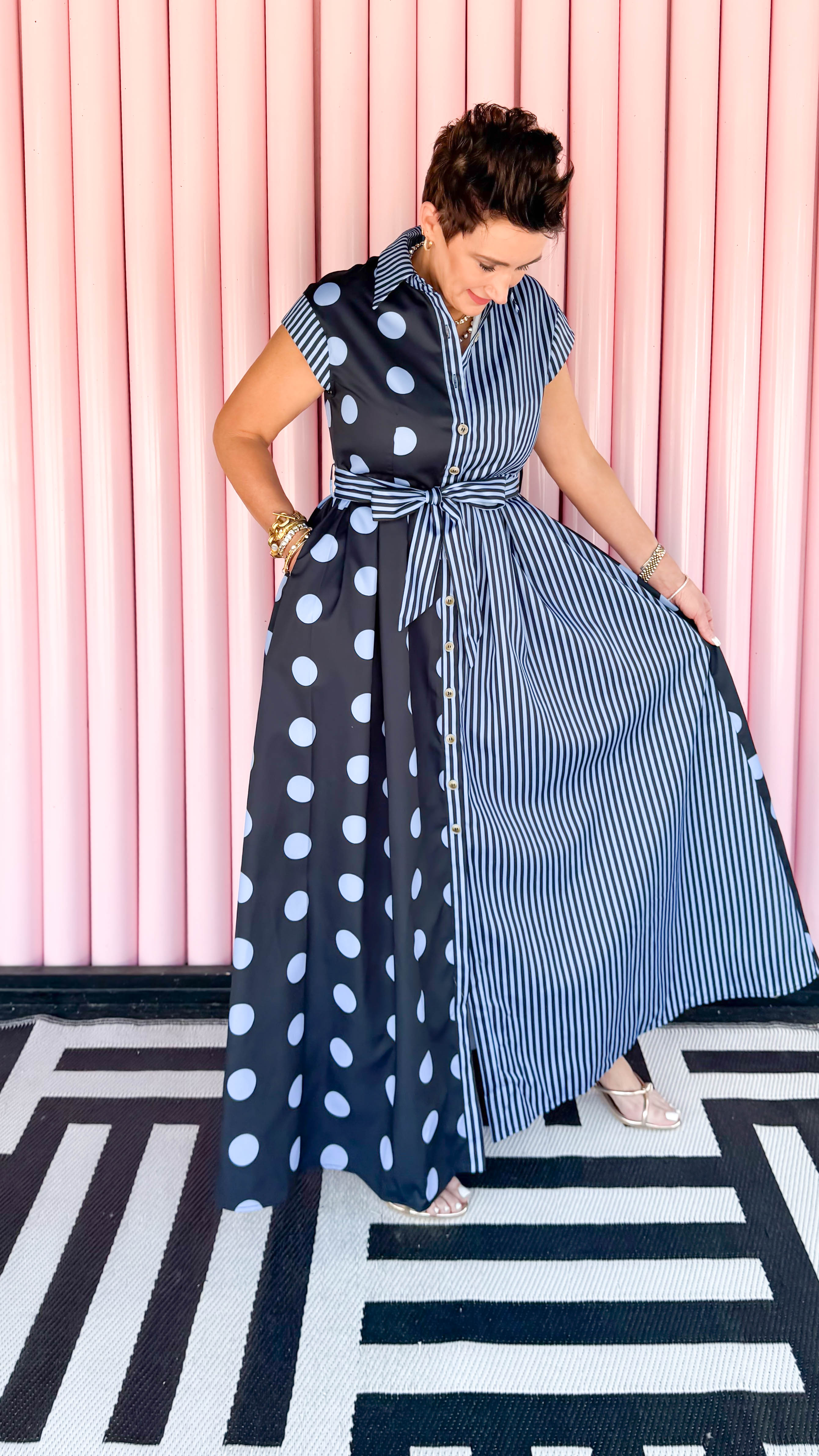 Dot Stripe Shirt Dress/Navy