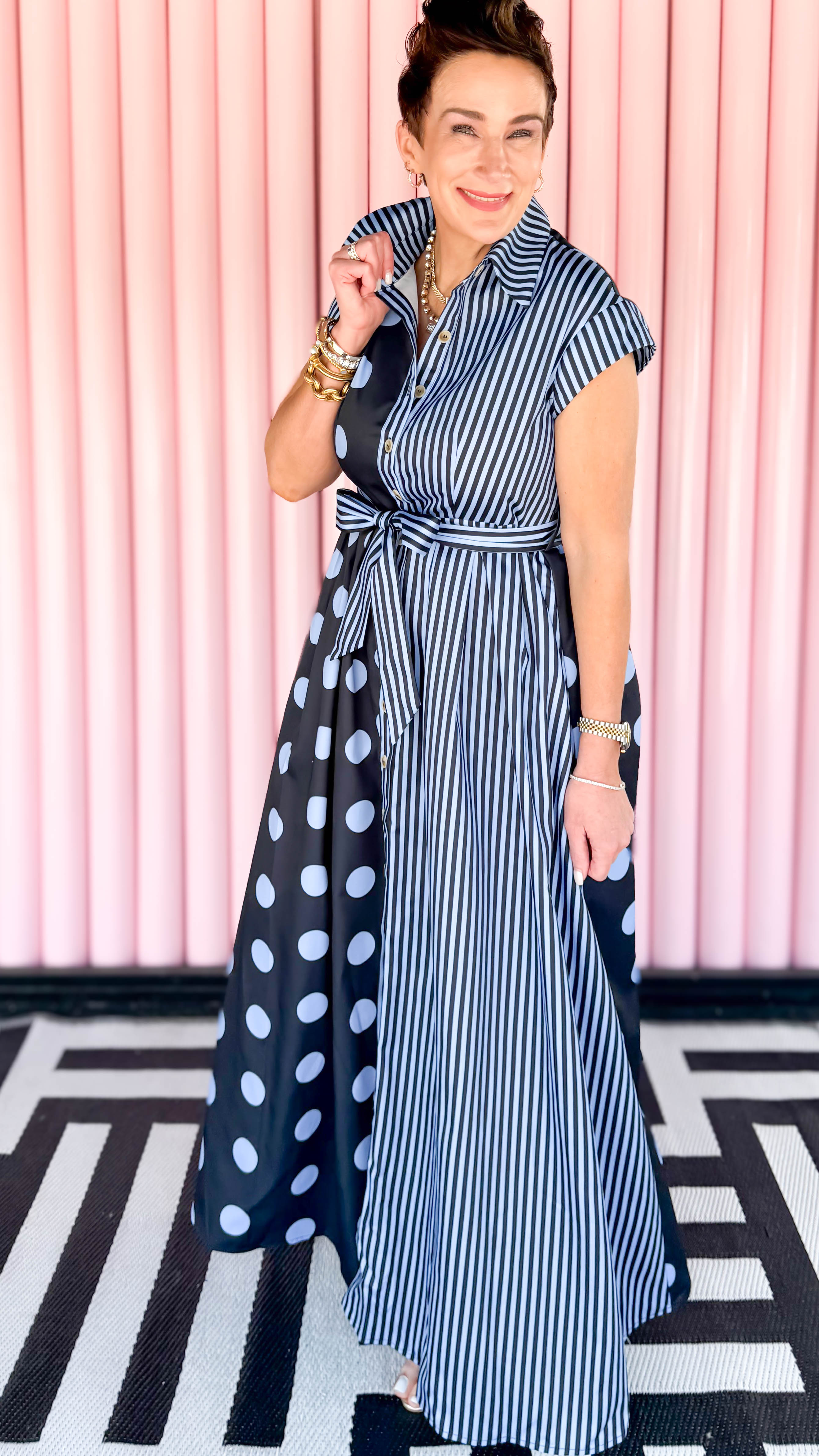 Dot Stripe Shirt Dress/Navy
