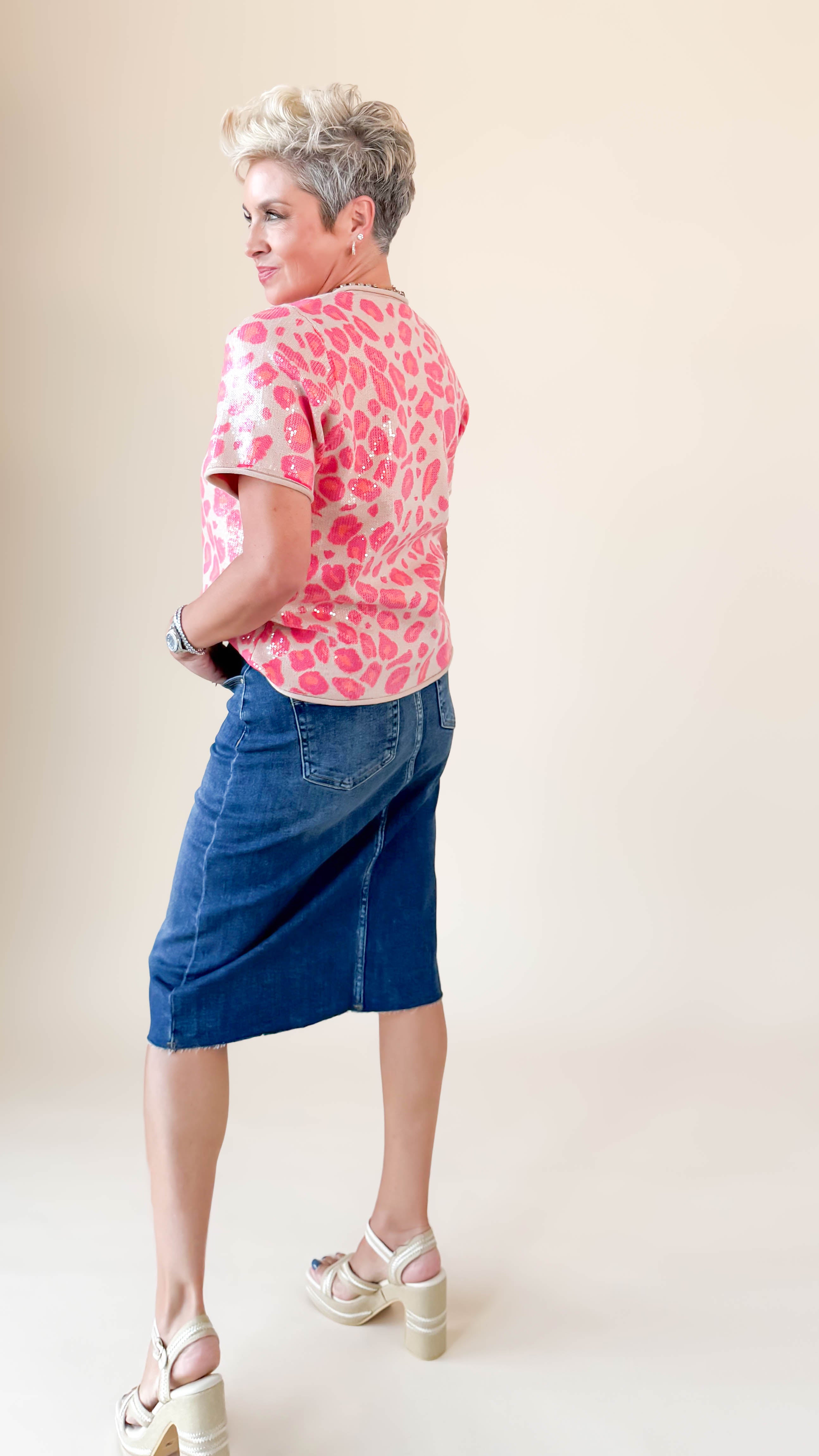 High Rise Denim Midi Skirt