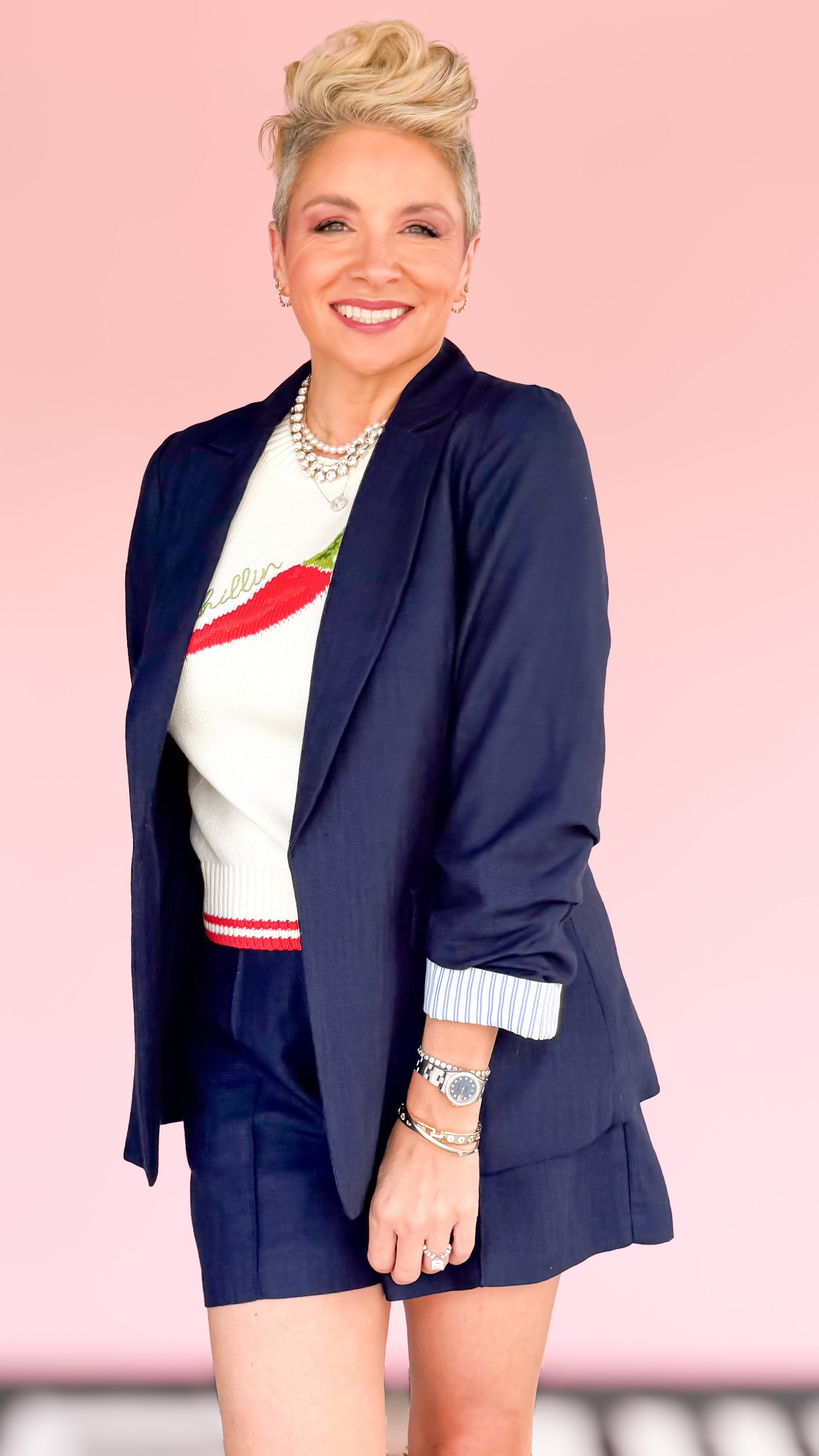 Cotton Blend Cinched Sleeve Blazer/Navy - The BLVD