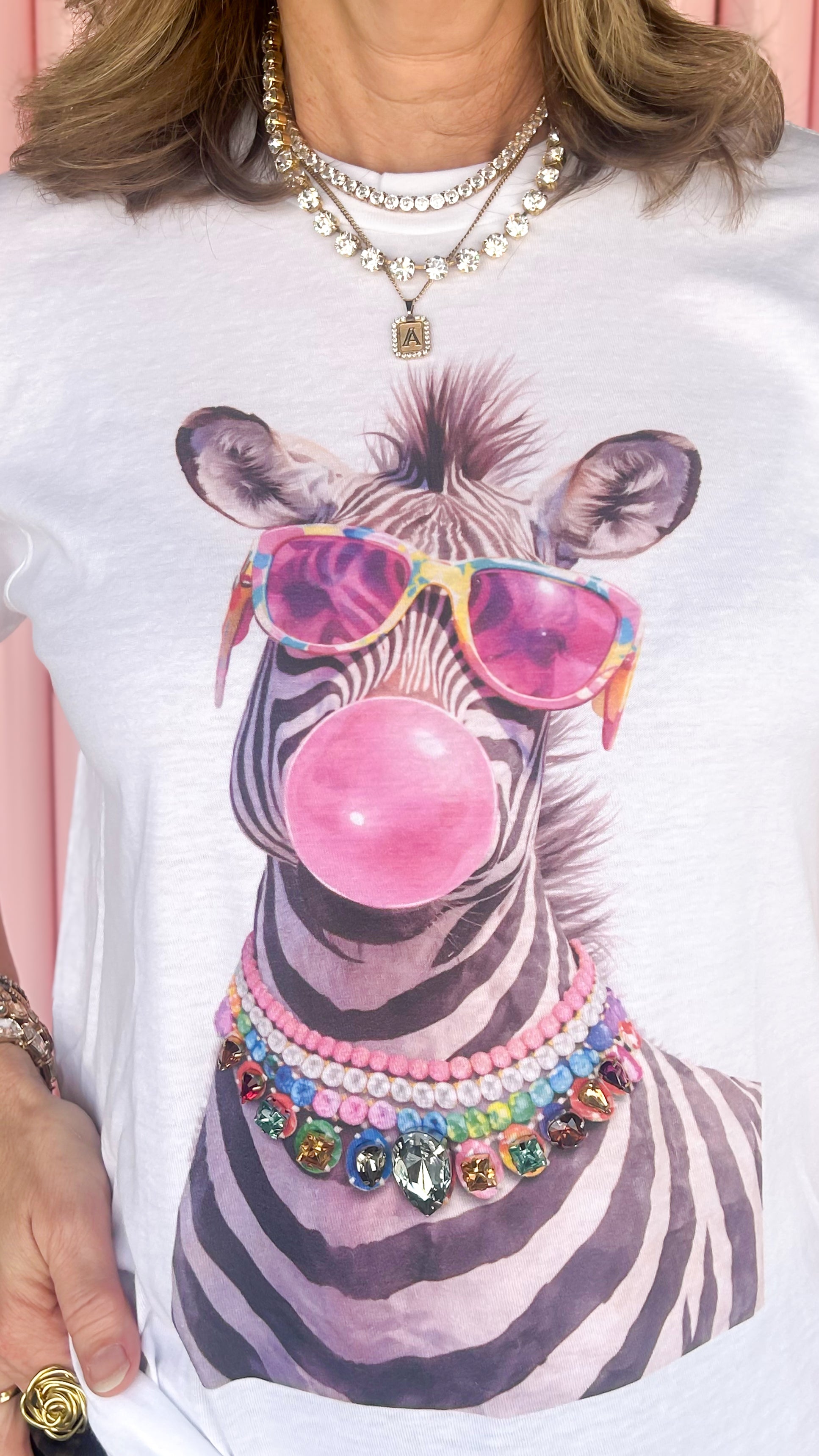 Jeweled Bubblegum Zebra Tee/White