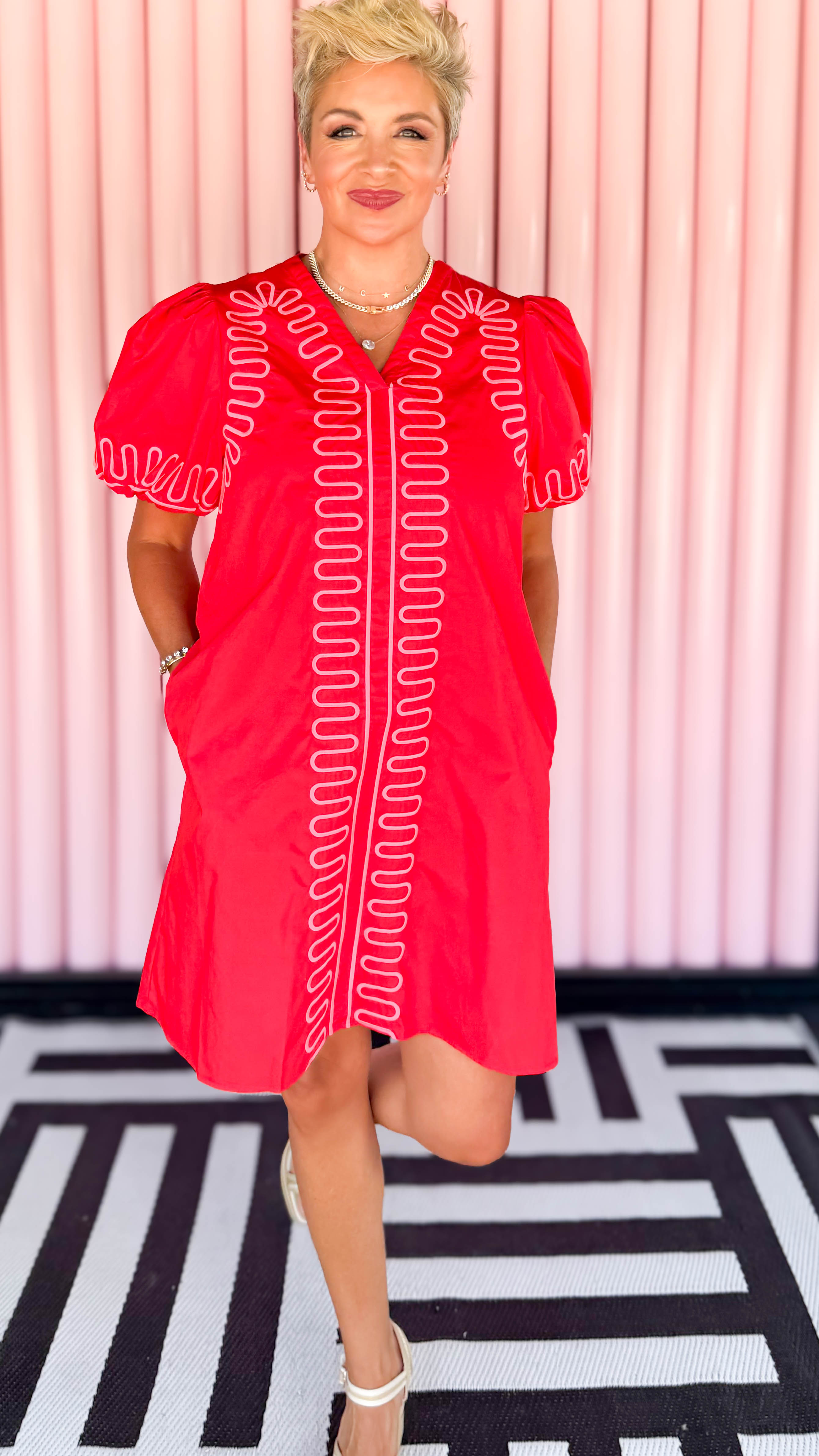 Squiggle Embroidery Mini Dress/Red
