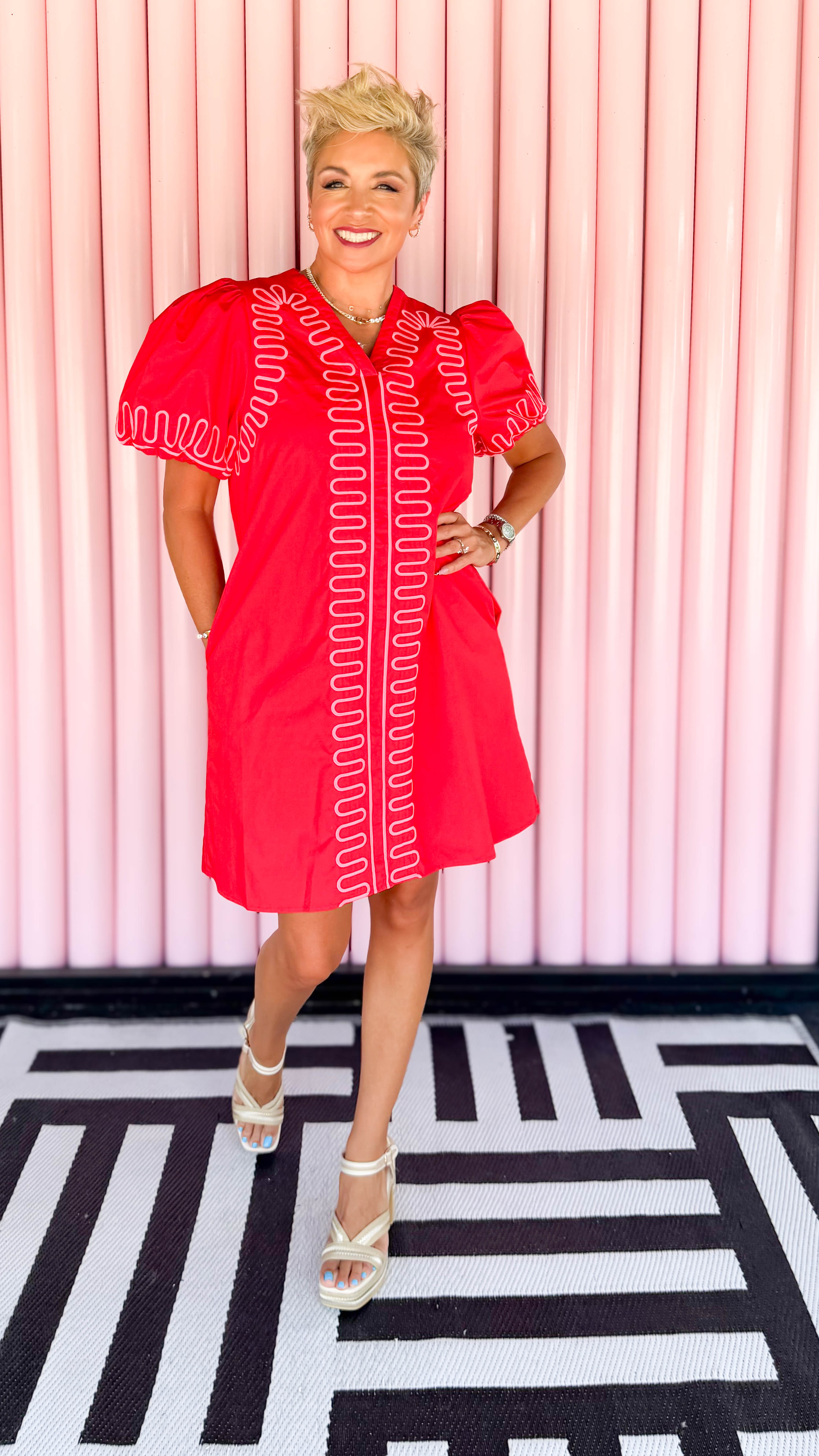 Squiggle Embroidery Mini Dress/Red