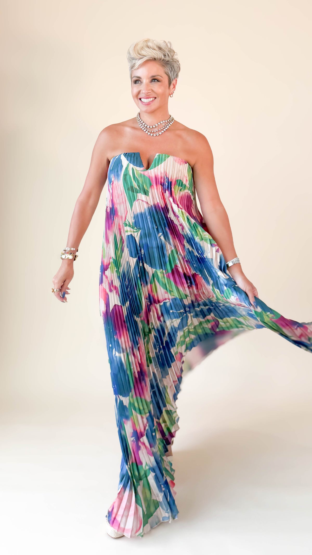 Strapless Pleated Midi Dress/Lapis Bloom
