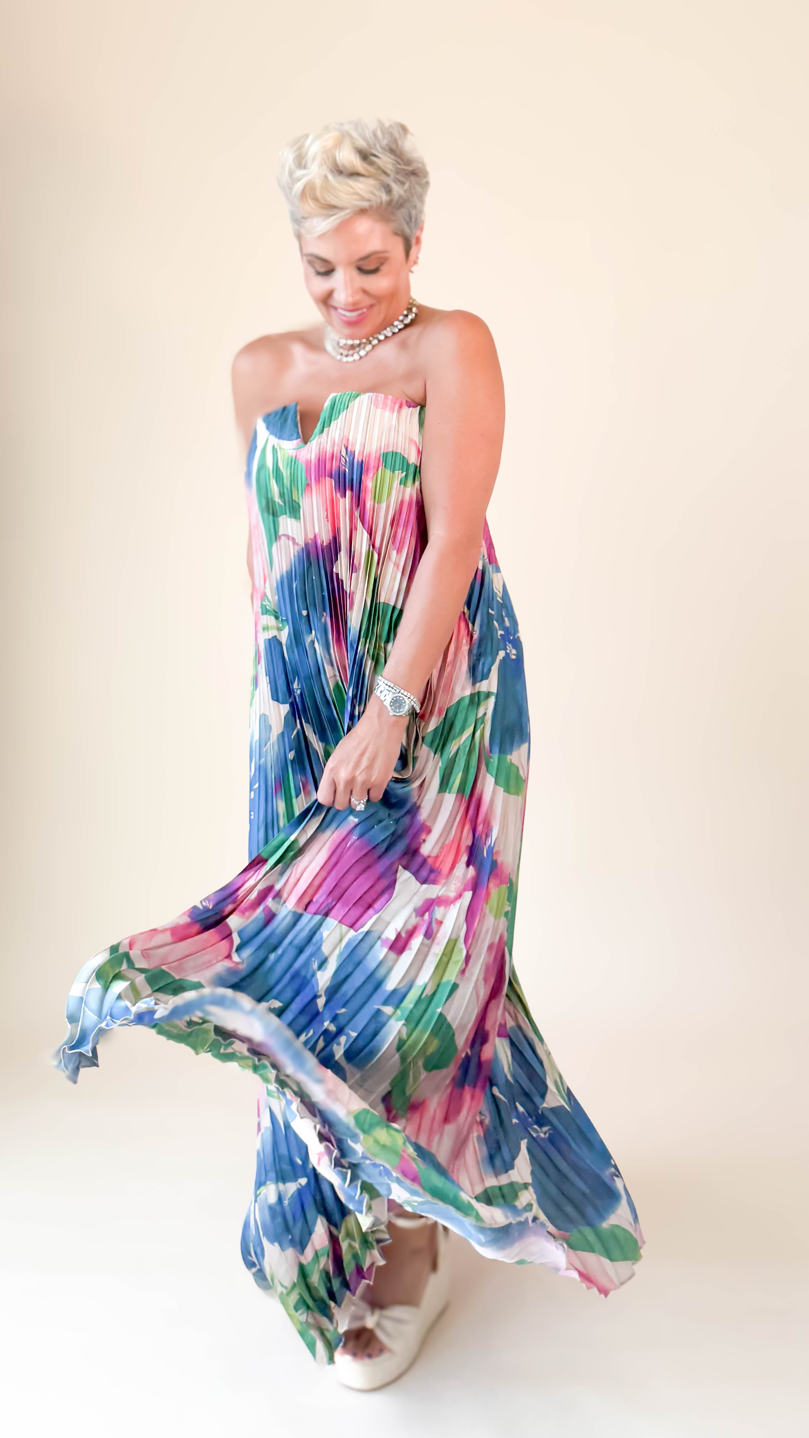 Strapless Pleated Midi Dress/Lapis Bloom