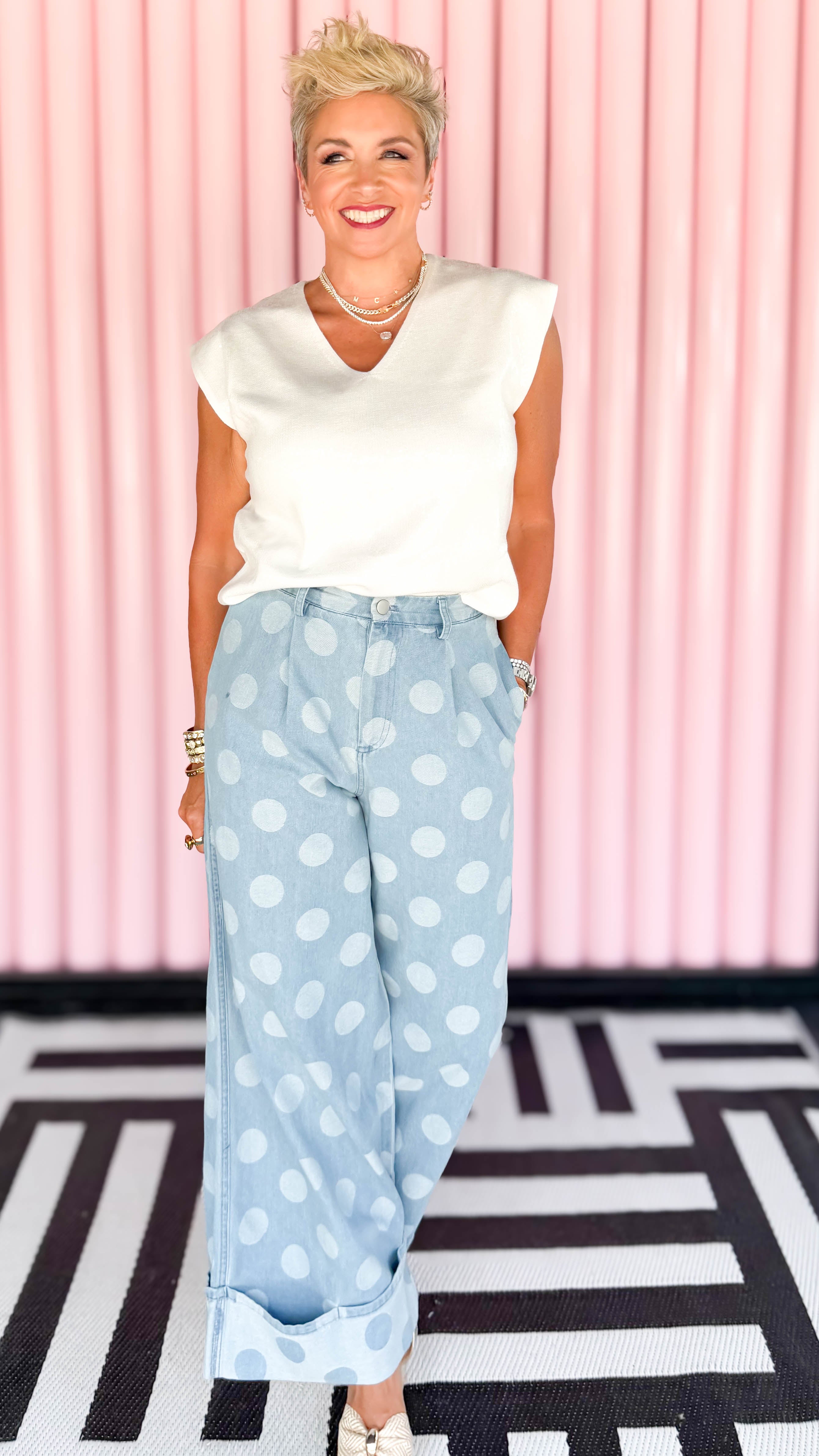 Polka Dot Wide Leg Denim Pants