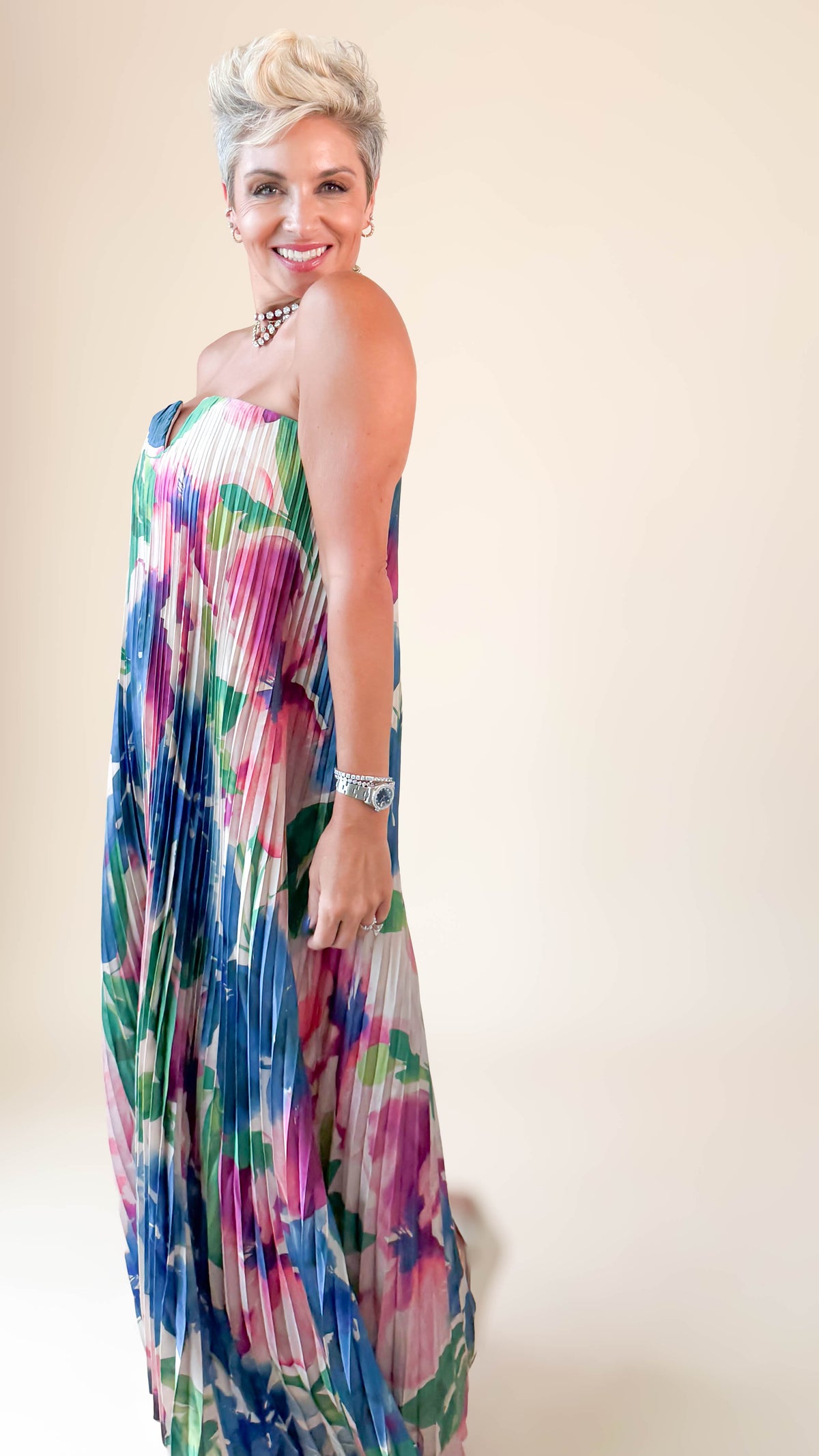 Strapless Pleated Midi Dress/Lapis Bloom