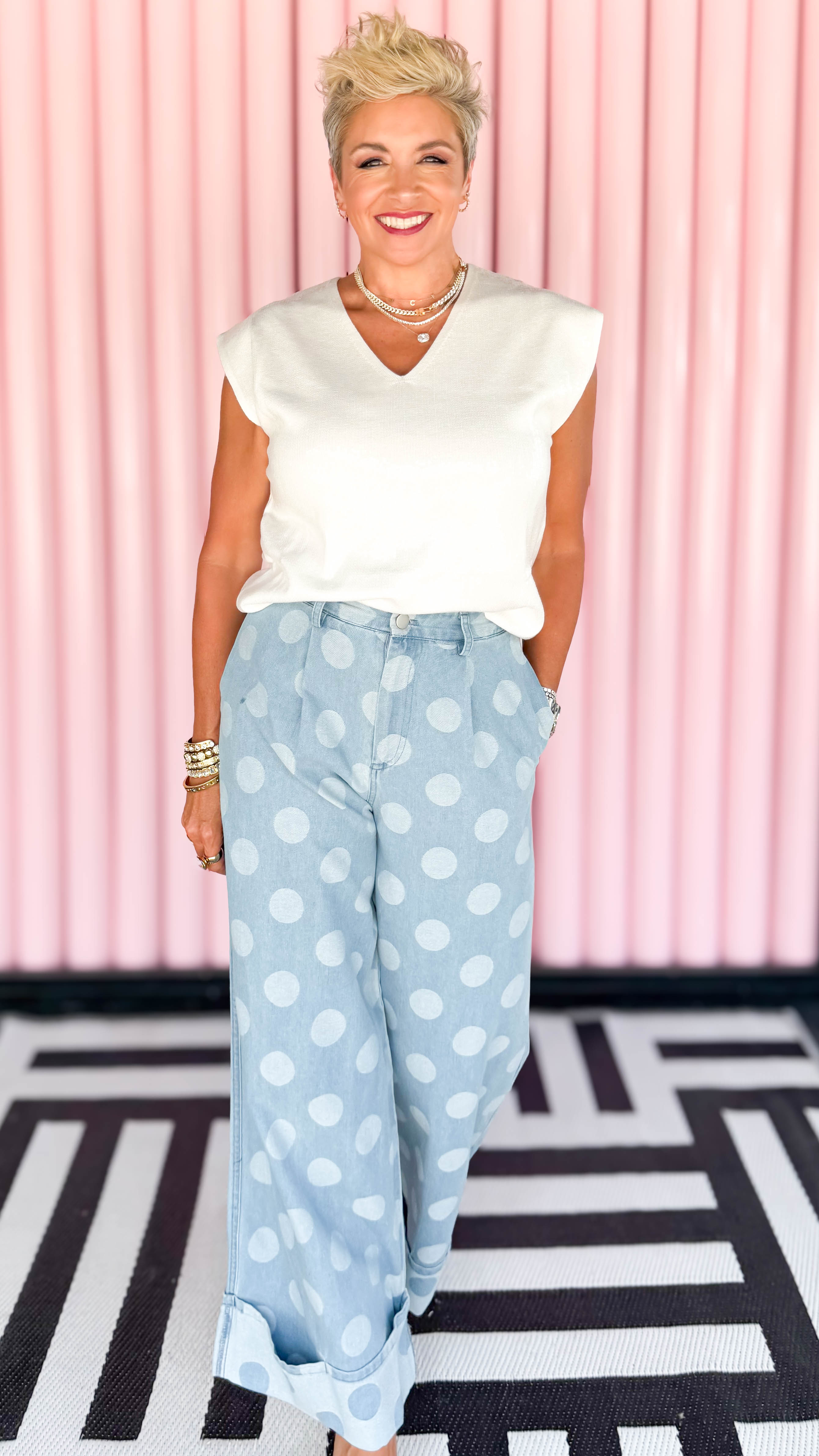 Polka Dot Wide Leg Denim Pants