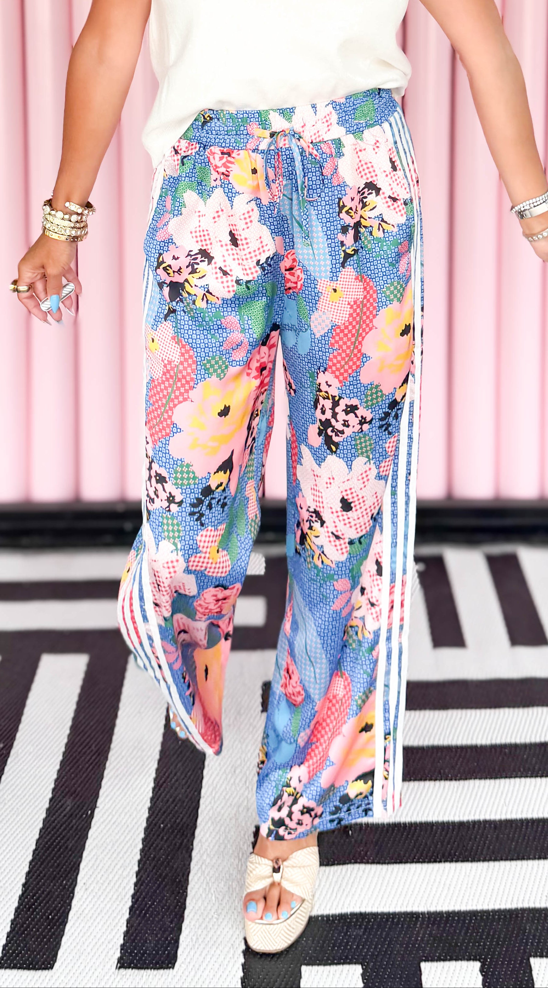 Abstract Floral Print Pants/Blue