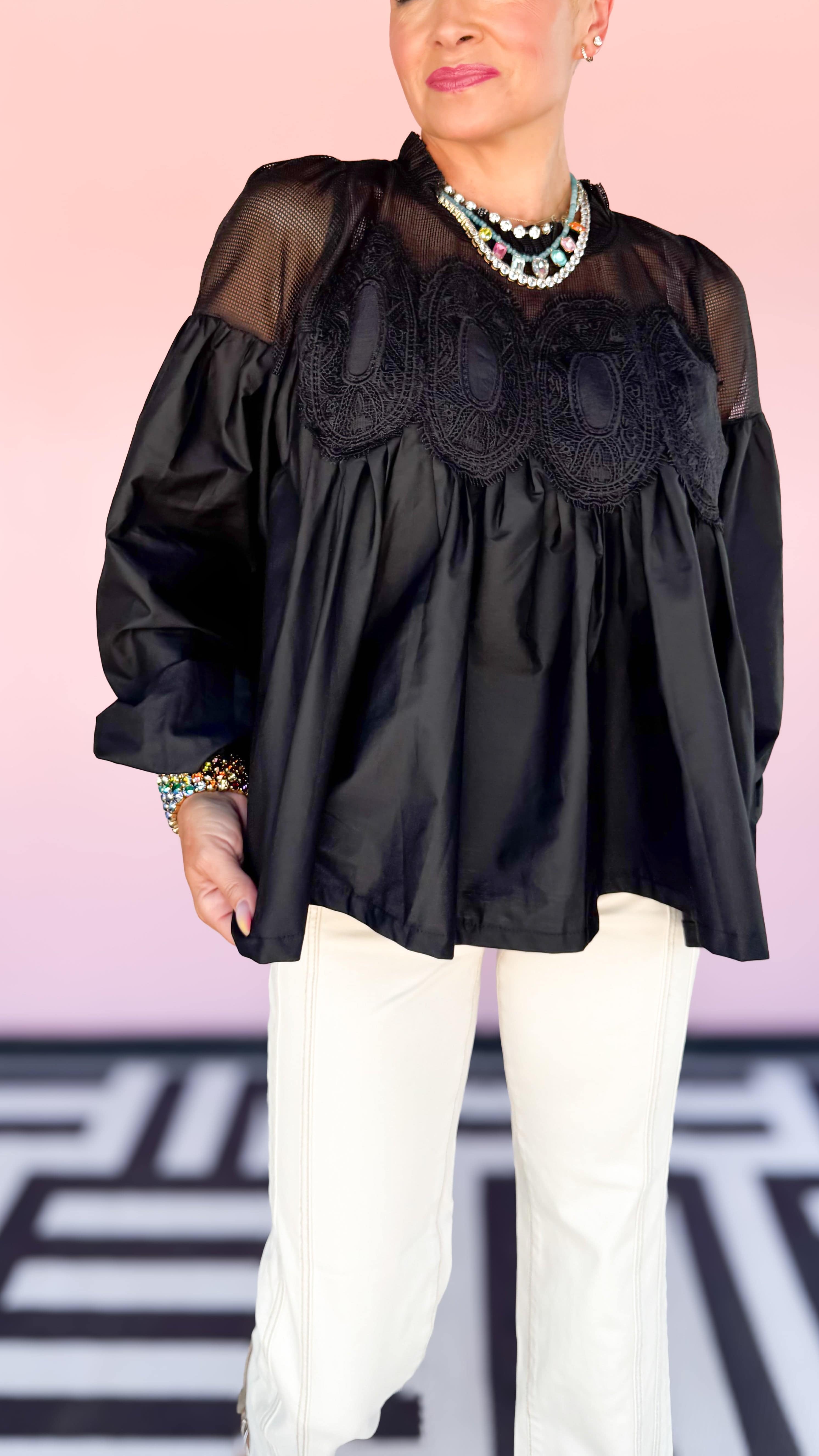 Lace Applique Detail Top/Black - The BLVD