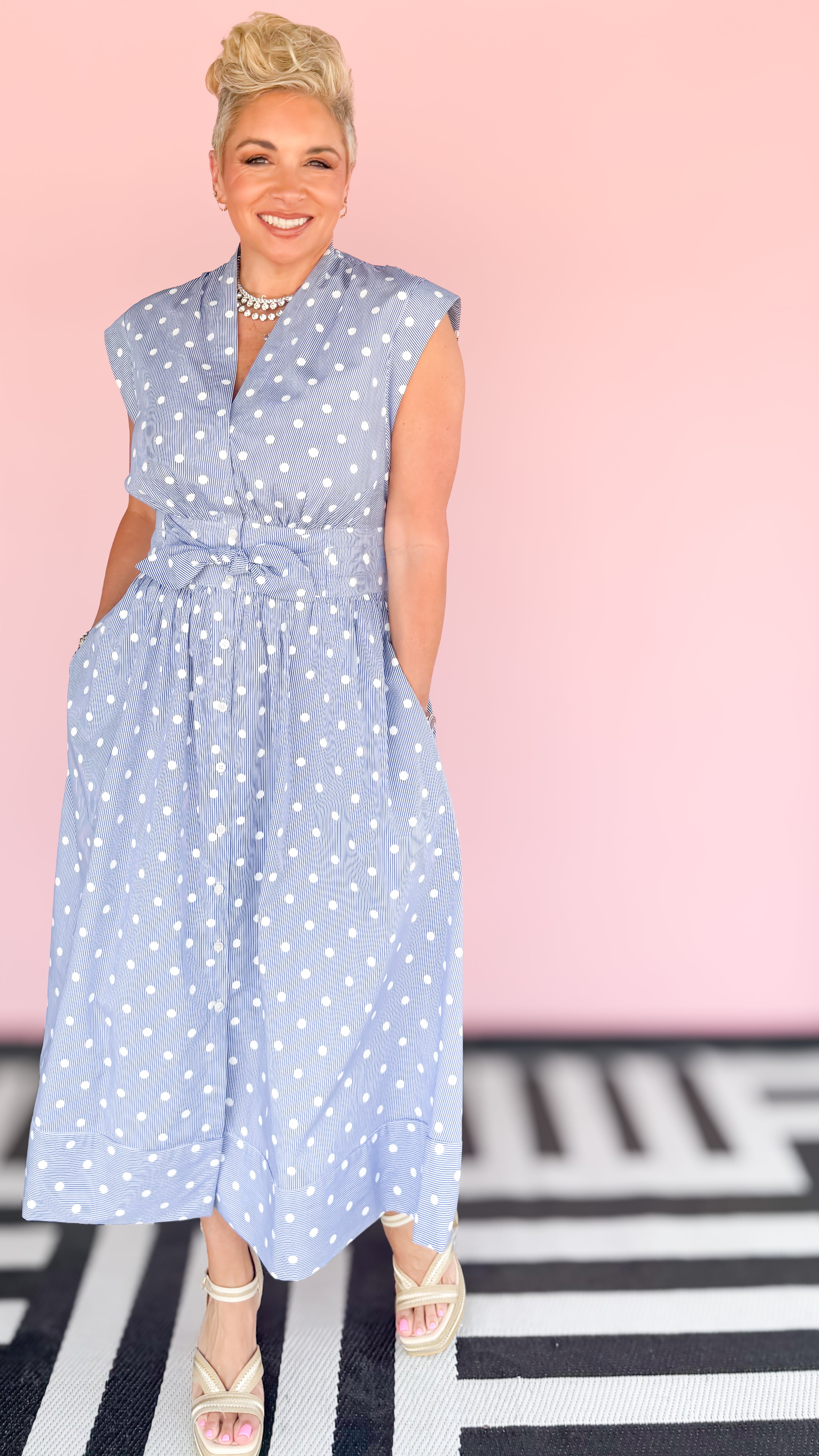 Pin Stripe Polka Dot Midi Dress/Blue - The BLVD