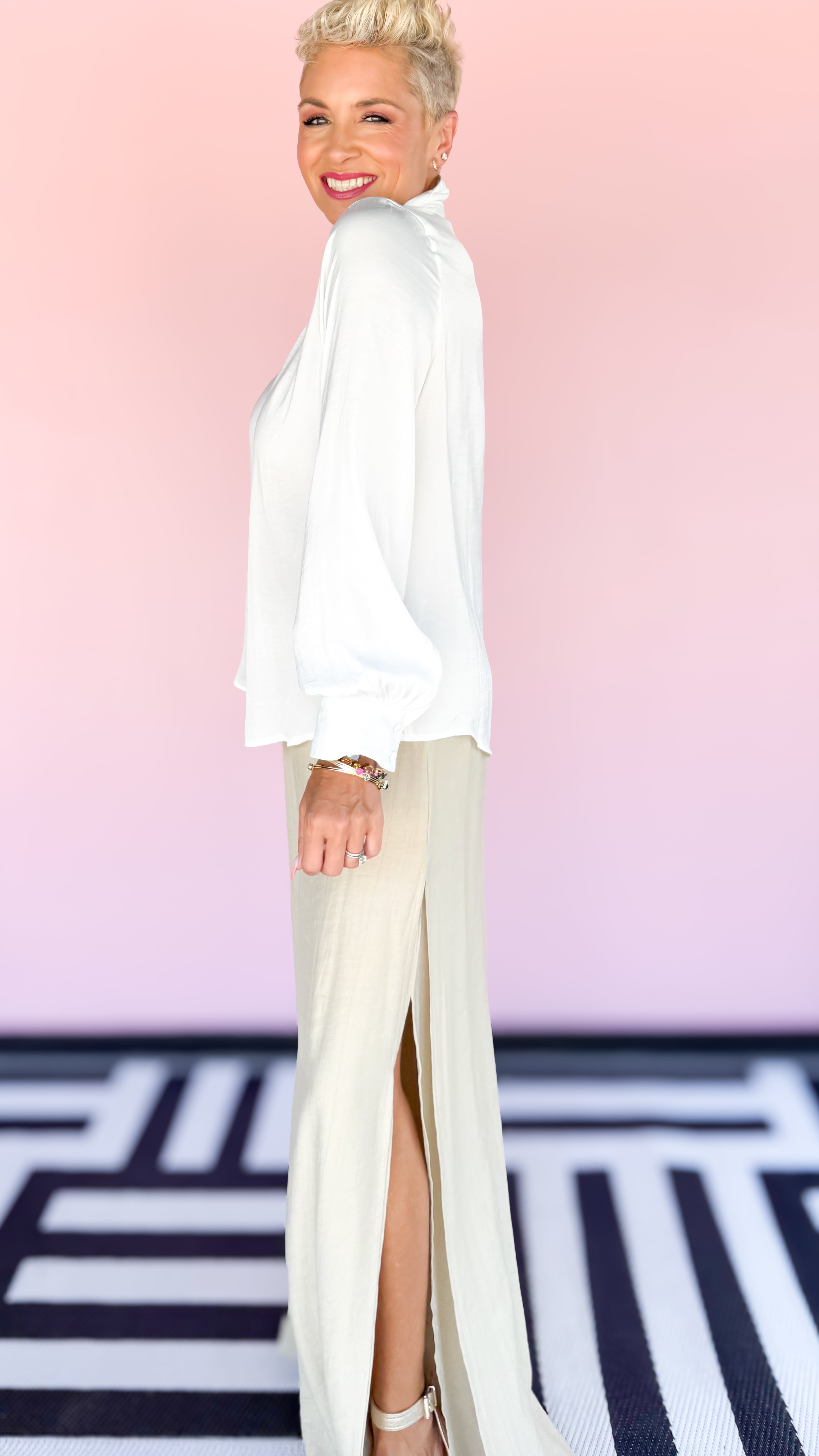 Classic V-neck button-down top in white