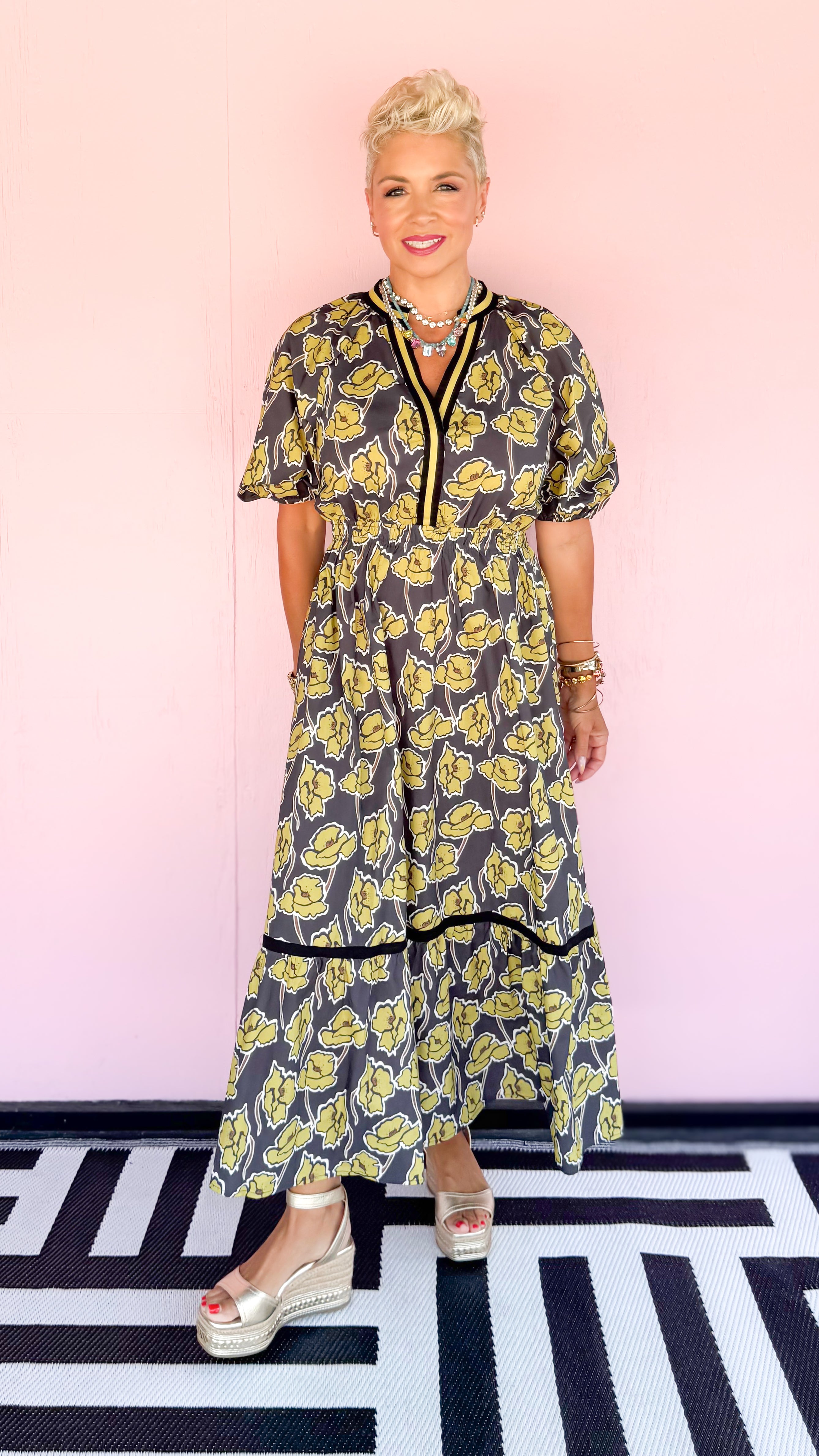 Cindy Floral Puff Sleeve Dress/Black