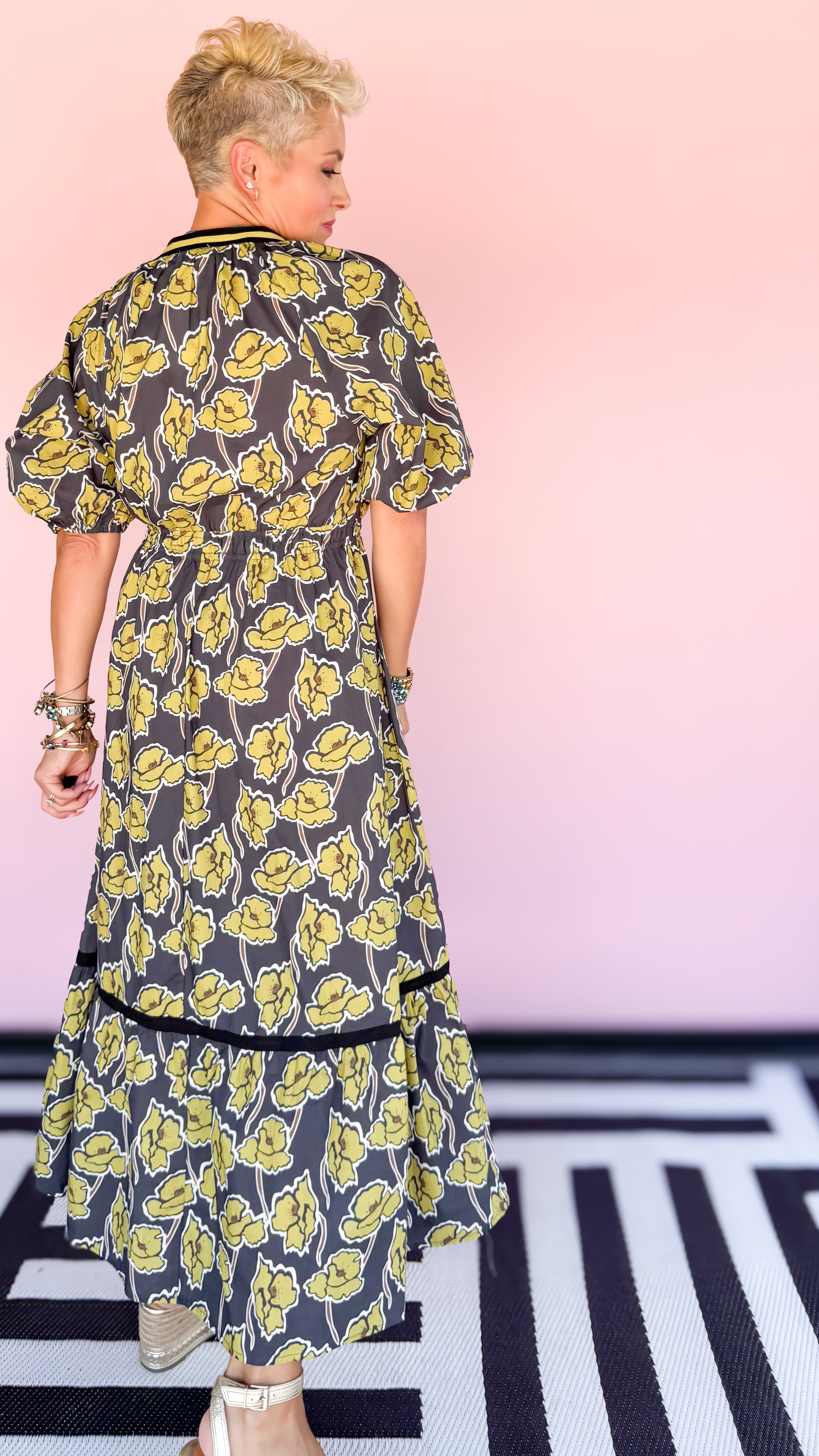 Cindy Floral Puff Sleeve Dress/Black